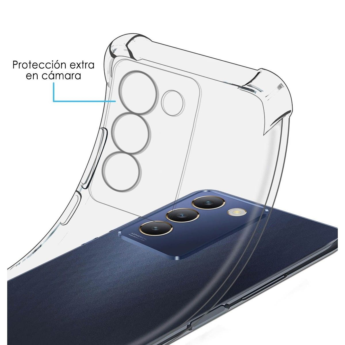 Custodia trasparente per telefono su un telefono. Protezione extra per la fotocamera. Tre obiettivi sono visibili.
