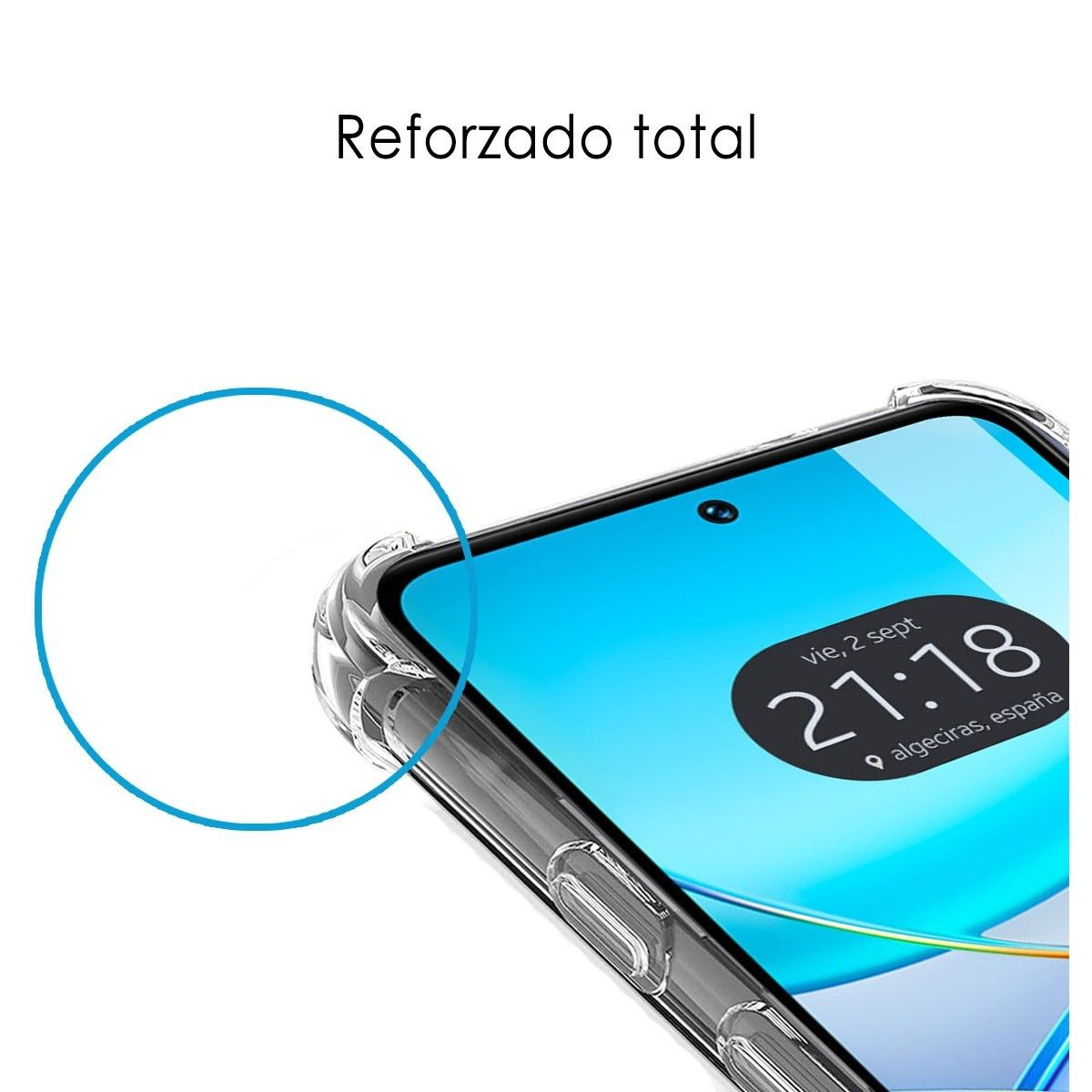 Angolo dello smartphone a fuoco, racchiuso in una custodia trasparente. L'ora è visualizzata.