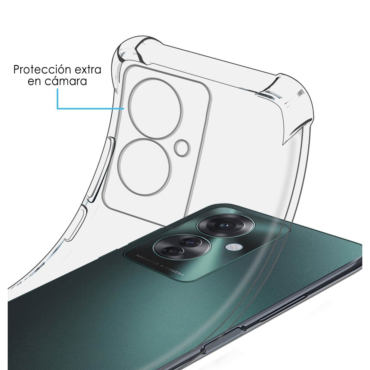 Smartphone con custodia trasparente che mostra la fotocamera. Testo descrive la protezione.