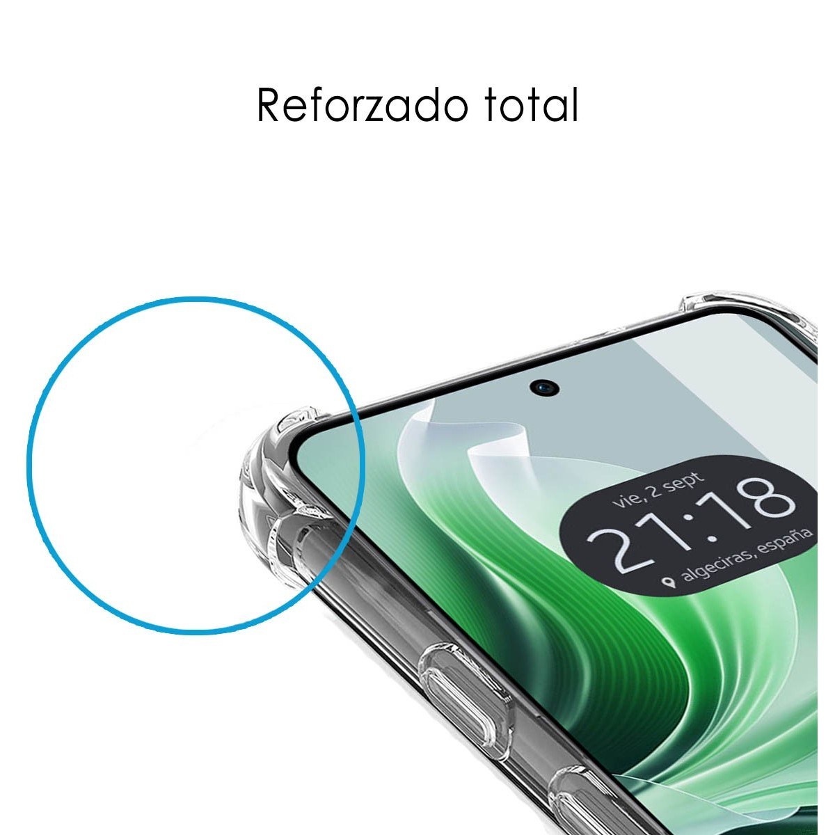 Custodia per telefono con cornice trasparente, schermo del telefono visibile. Testo: Rinforzato totale.