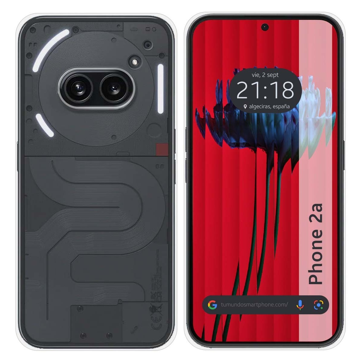 Phone 2a a destra, con retro bianco e nero, schermo rosso e nero.