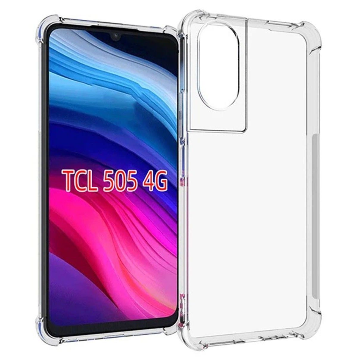 Custodia per telefono con un telefono all'interno. Lo schermo mostra il modello di telefono. Custodia trasparente, gradiente rosa-viola.
