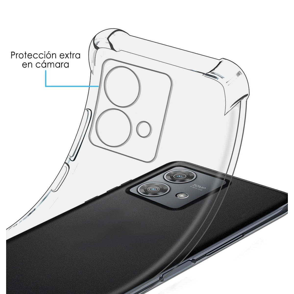 Custodia per telefono con retro trasparente che protegge le fotocamere. Il telefono è nero e la custodia è trasparente.
