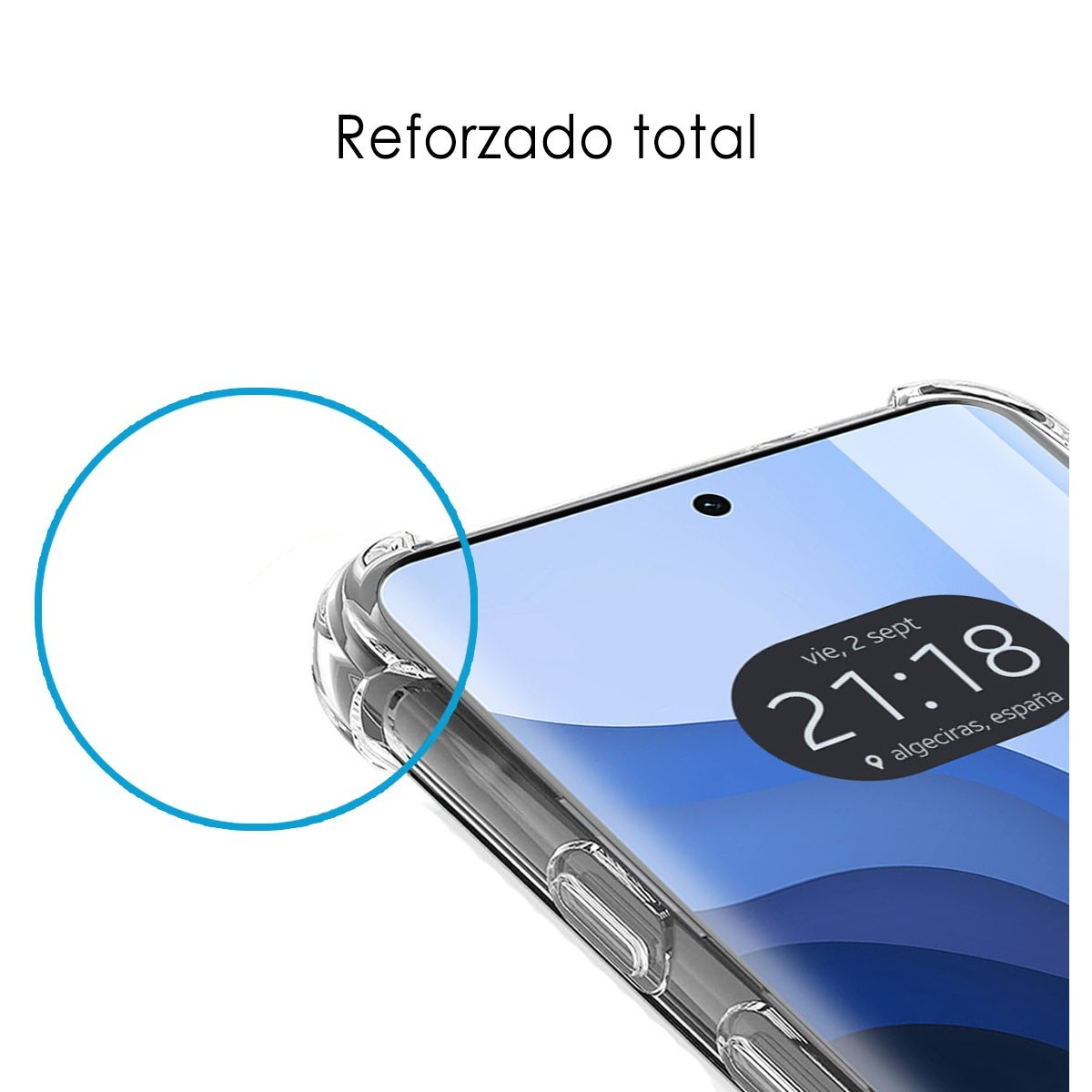 Telefono in custodia con schermo che mostra una data. Il cerchio evidenzia il bordo.