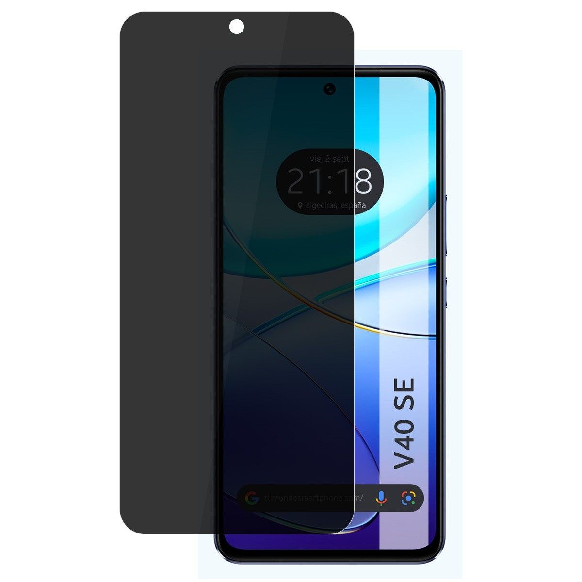 Schermo smartphone con protezione privacy, mostra ora e luogo: 21:18, Spagna.