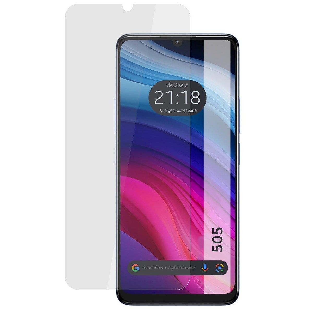 Telefono con protezione schermo. Lo schermo mostra un'immagine astratta colorata.