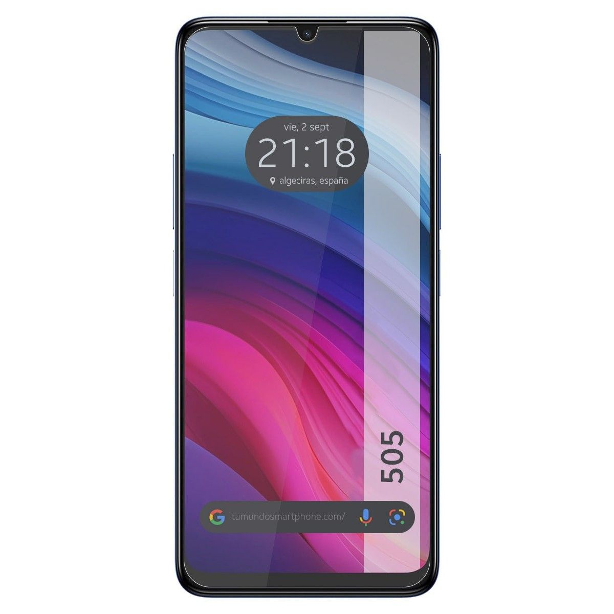 Uno schermo del telefono con data, ora e posizione visualizzate. Lo schermo è acceso con uno sfondo blu scuro e viola.