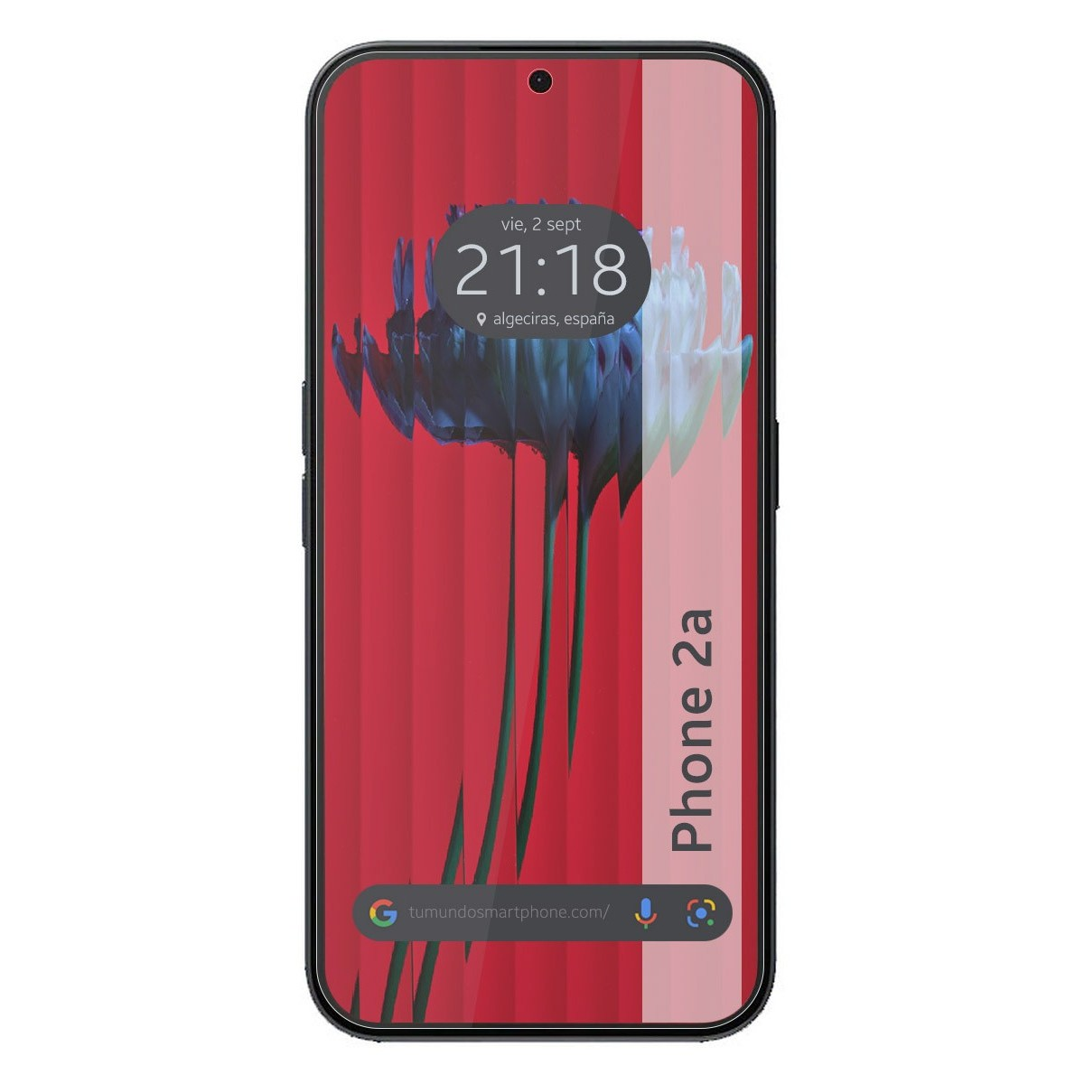 Telefono con sfondo rosso e immagine floreale, mostra ora e data.