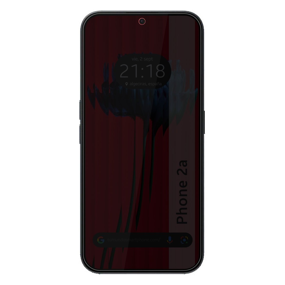 Smartphone con sfondo rosso con design floreale scuro. L'ora è 21:18.