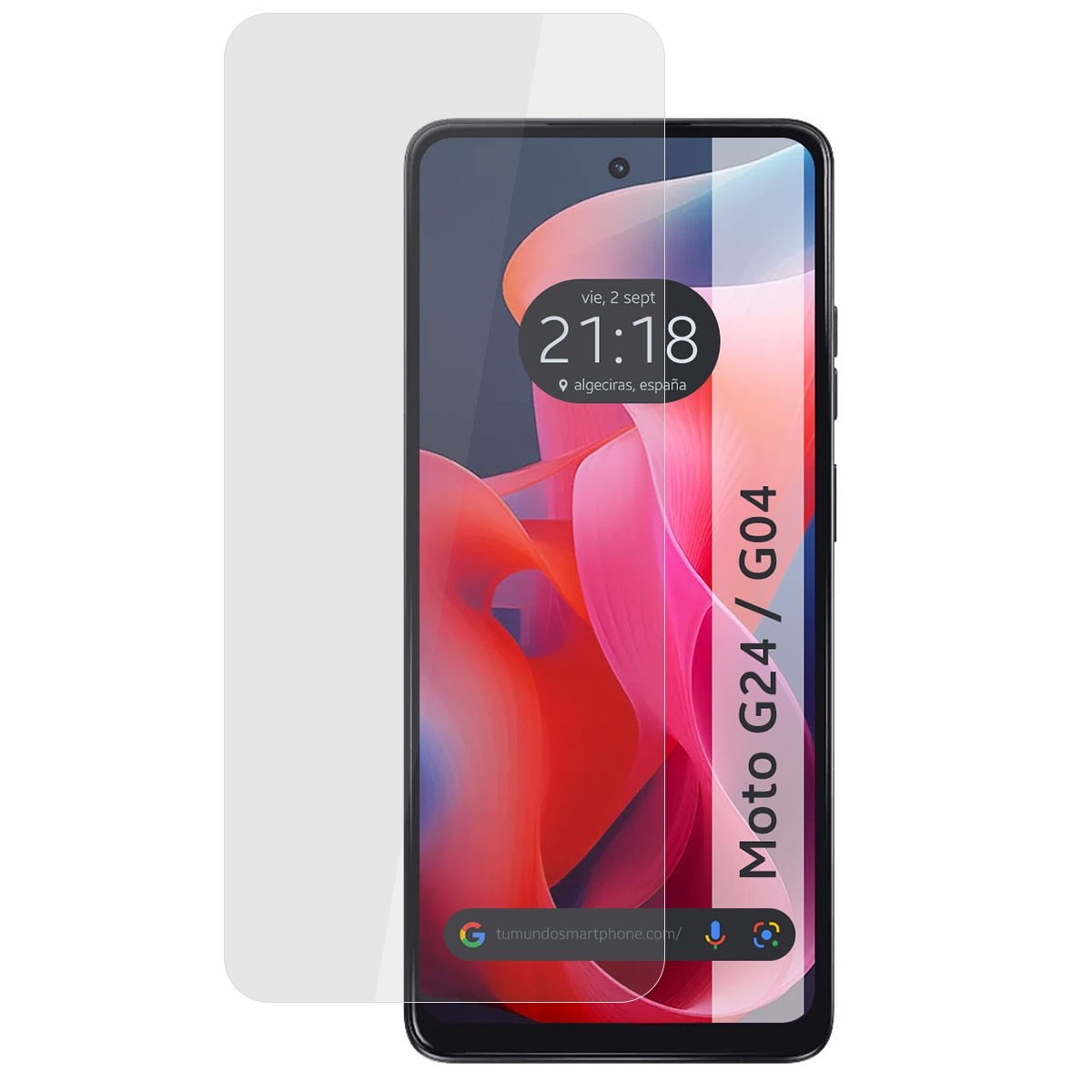 Telefono con protezione schermo e schermo che mostra ora e posizione.