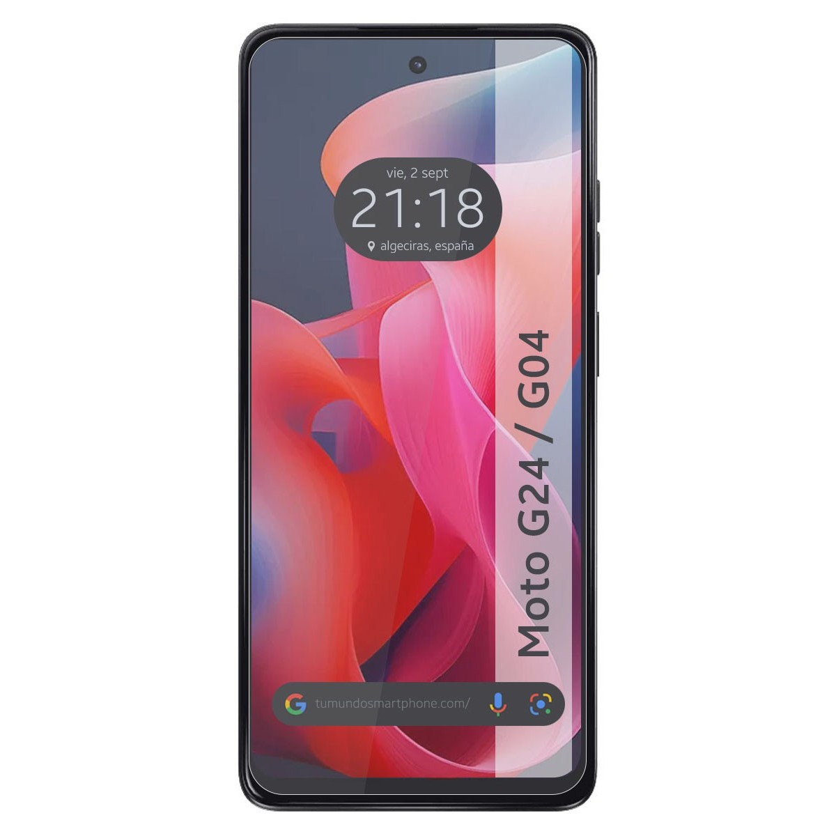 Telefono con sfondo astratto rosso e rosa sullo schermo. Mostra ora e posizione.