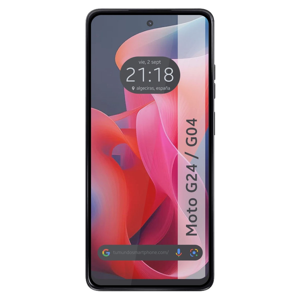 Un telefono con cornice nera, che mostra un design astratto rosso e arancione sullo schermo.