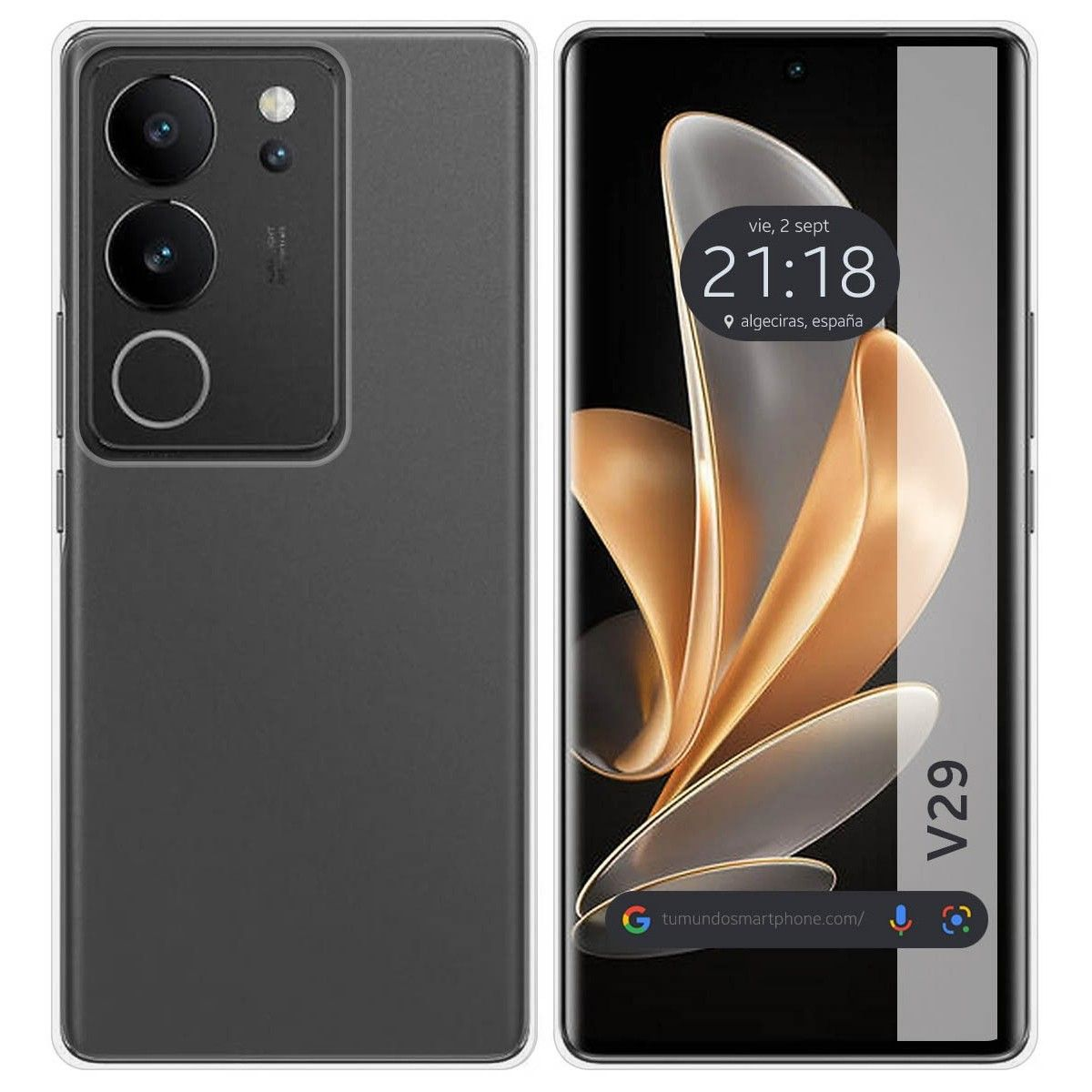 Smartphone con schermo curvo. Il retro presenta lenti della fotocamera ed etichetta V29.