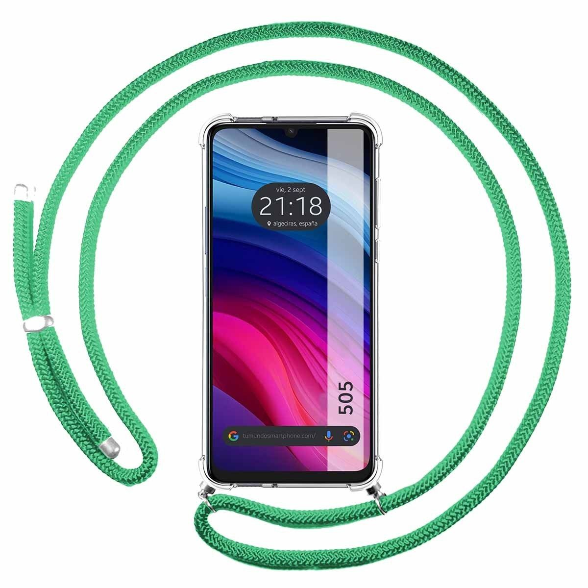 Un telefono con un cordino verde appeso. Il telefono mostra l'ora, la data e un'immagine floreale su sfondo rosso.