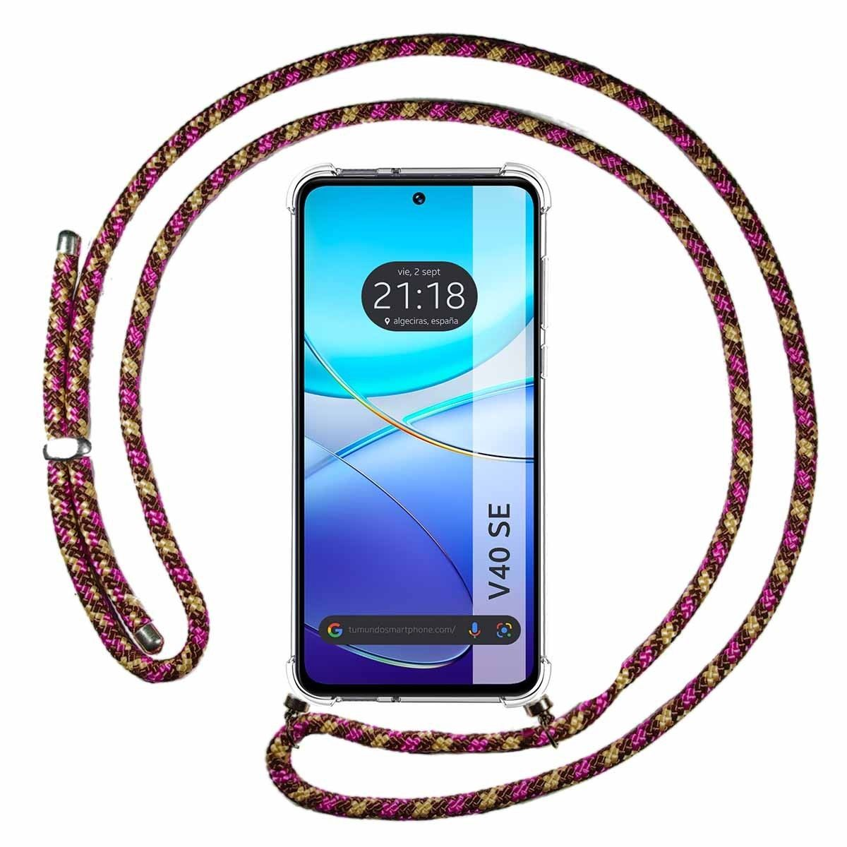 Smartphone con custodia trasparente e cinturino fantasia. L'ora visualizzata è 21:18. Lo sfondo è bianco.