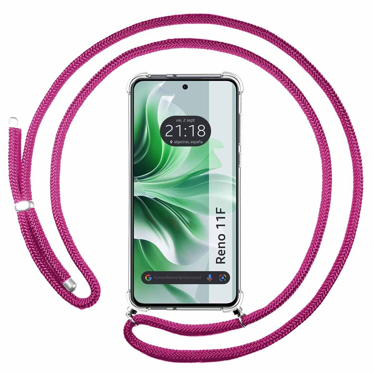 Telefono con cordino rosa. Lo schermo mostra dettagli su ora e posizione.