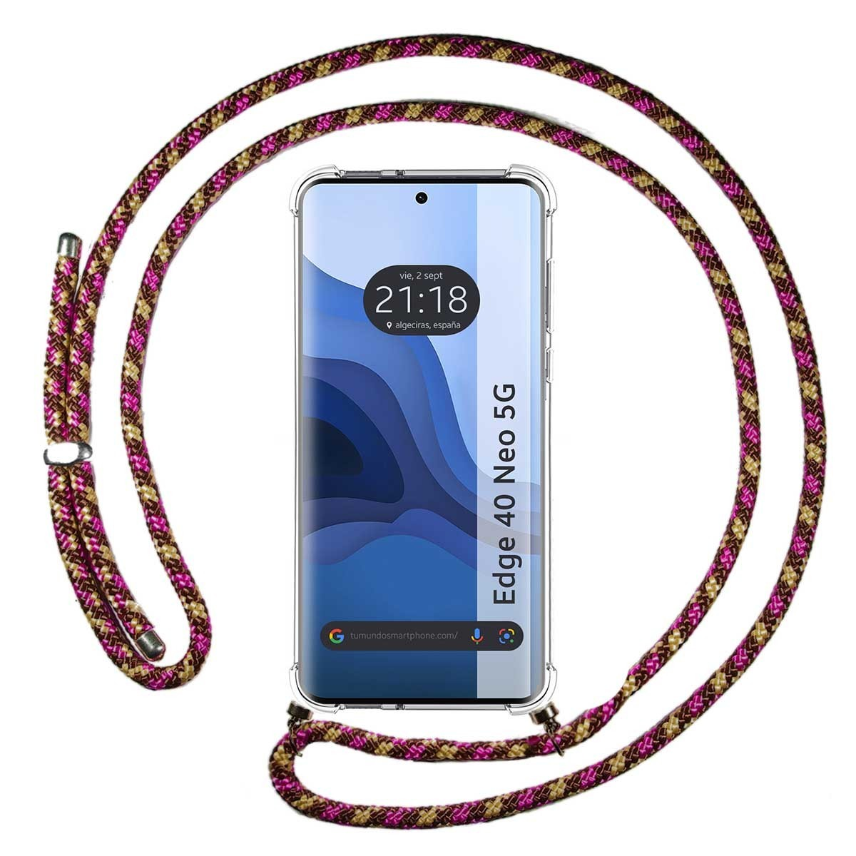 Smartphone con cinturino decorativo, che mostra ora e posizione, etichettato Edge 40 Neo 5G.