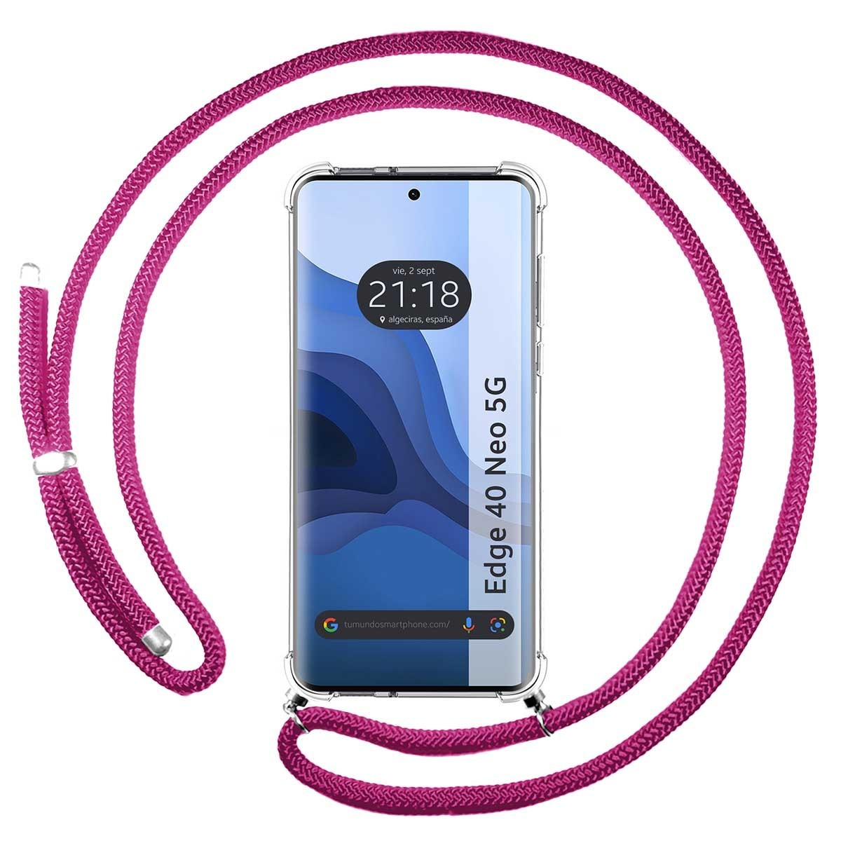 Uno smartphone con un cordino rosa. Lo schermo mostra l'ora e il luogo. Il telefono è in una custodia trasparente.