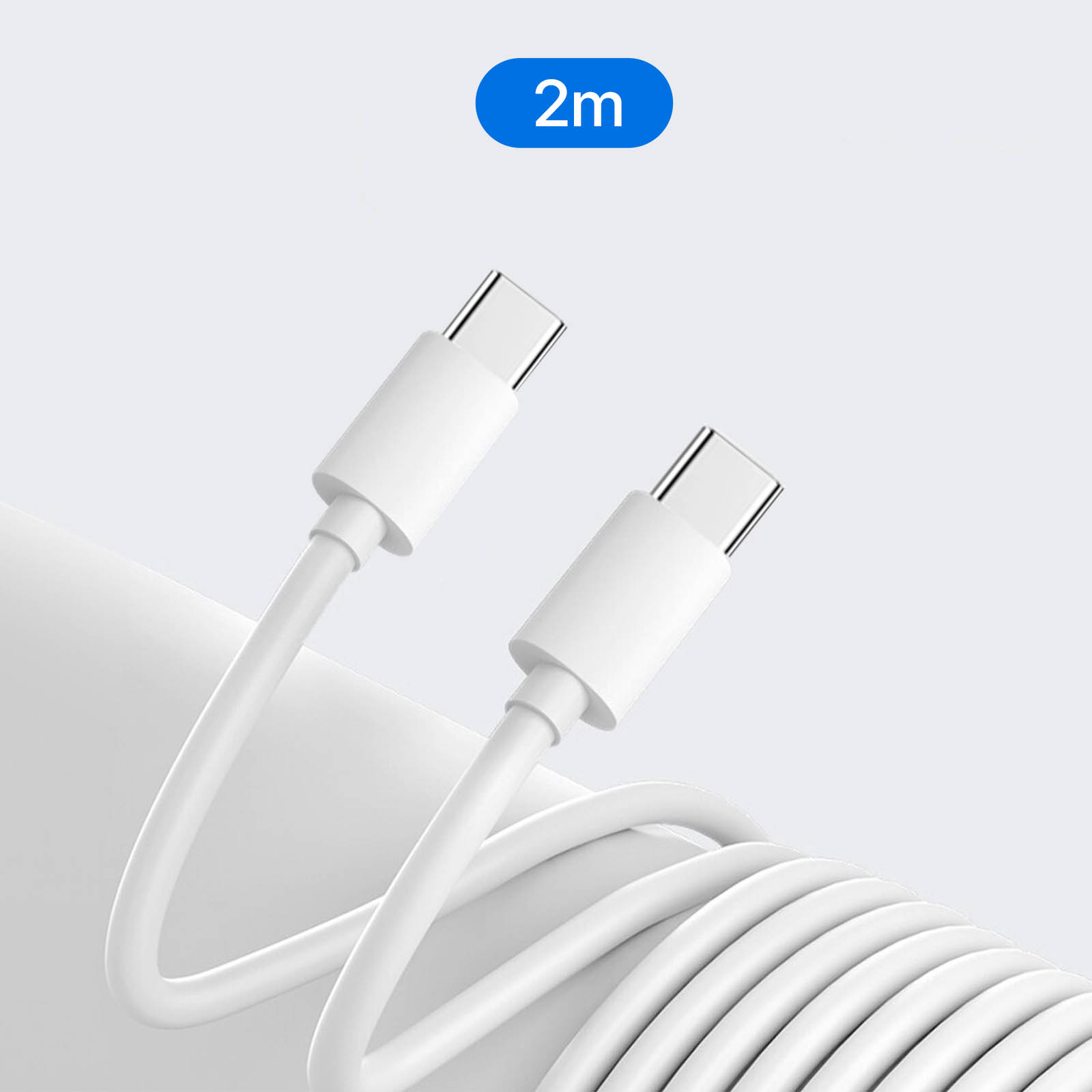 Biały kabel USB-C. Kabel ma 2 metry długości i dwa złącza.