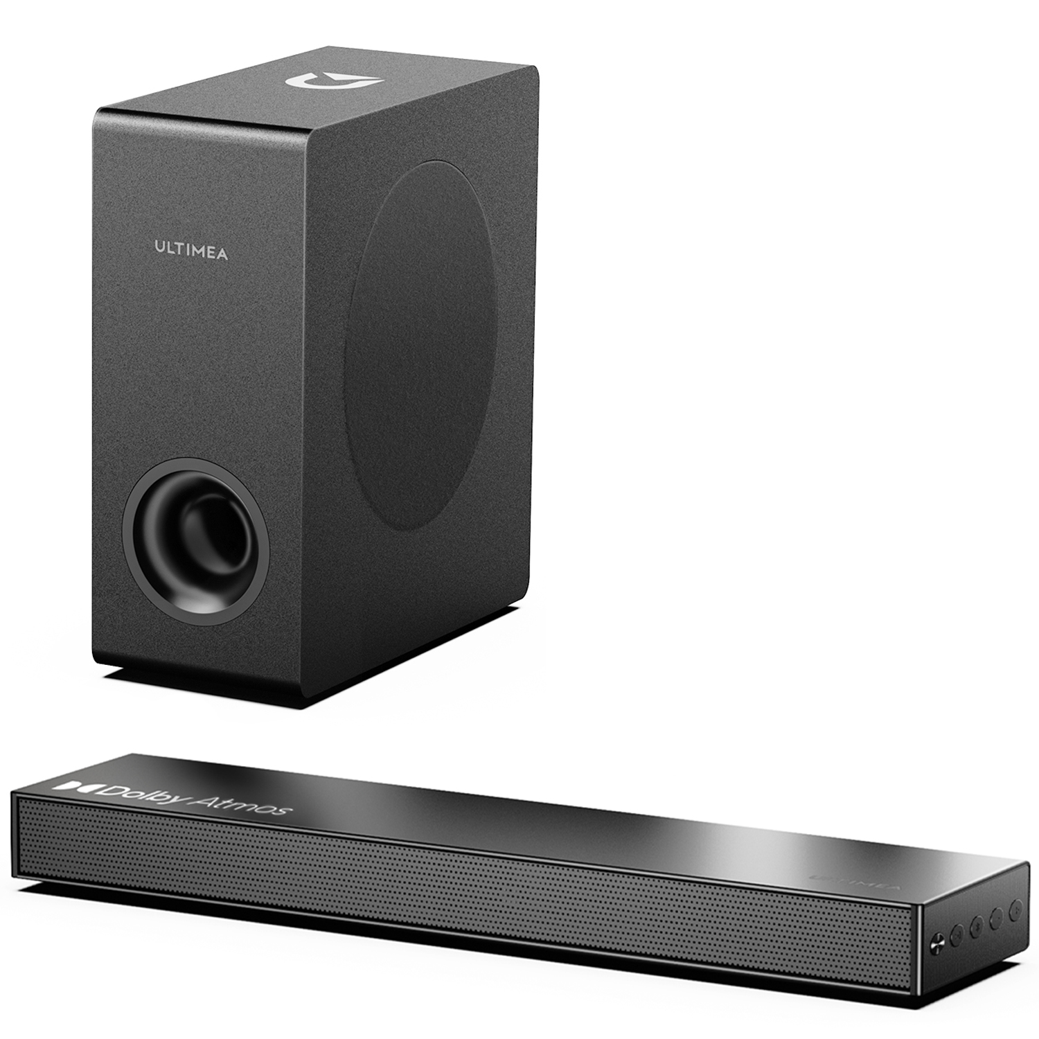 Eine schwarze Soundbar und ein Subwoofer. Die Soundbar hat eine Mesh-Front.