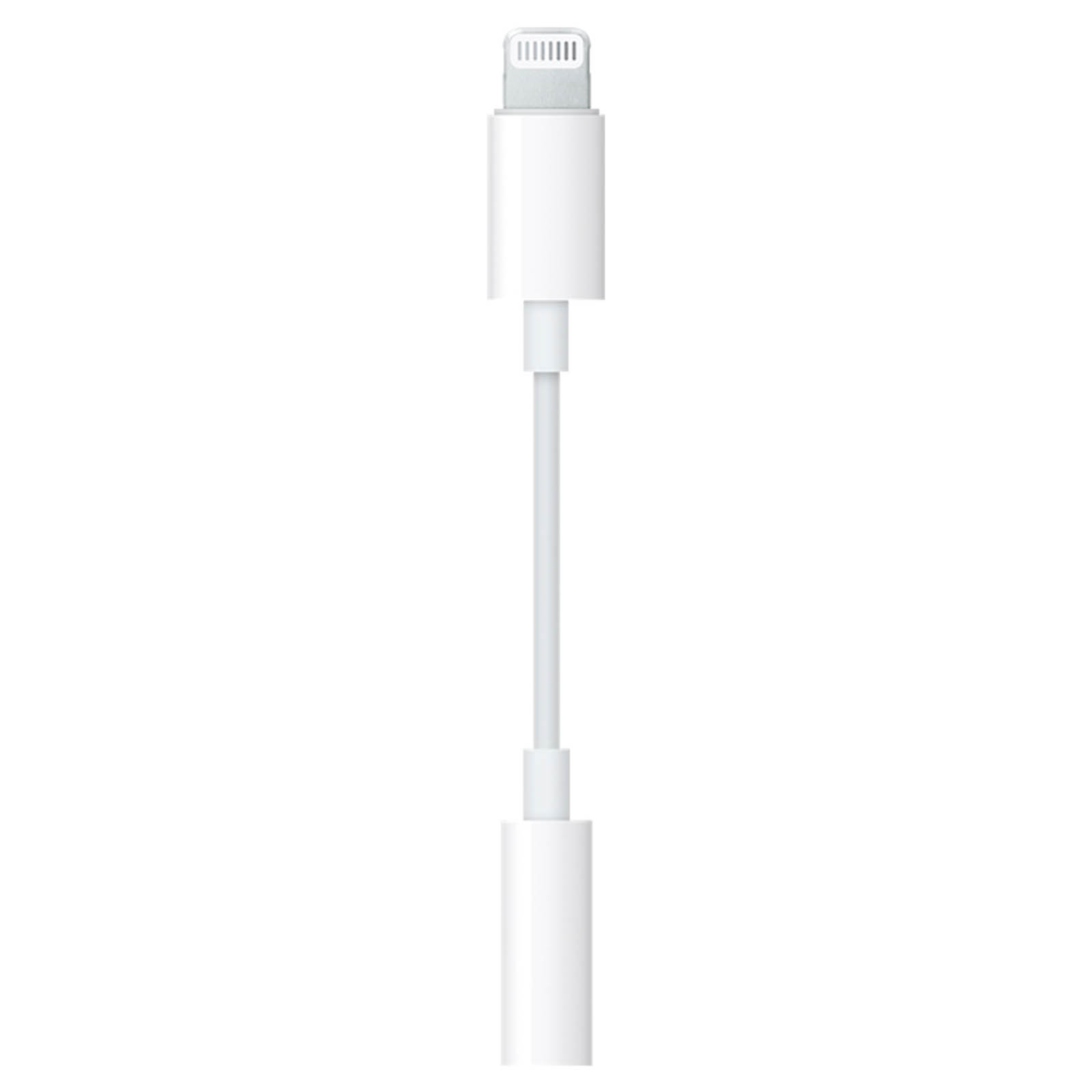 Adaptateur Lightning vers jack 3,5 mm blanc, deux extrémités blanches reliées par un câble blanc.