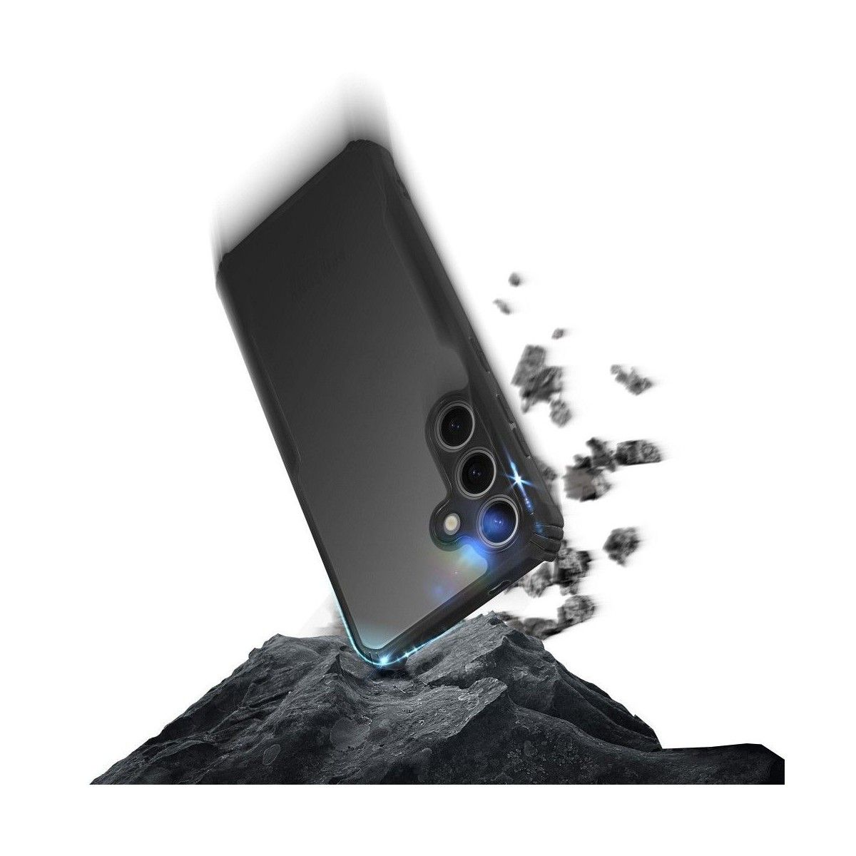 Custodia per telefono che cade sulle rocce. Telefono con tre fotocamere.