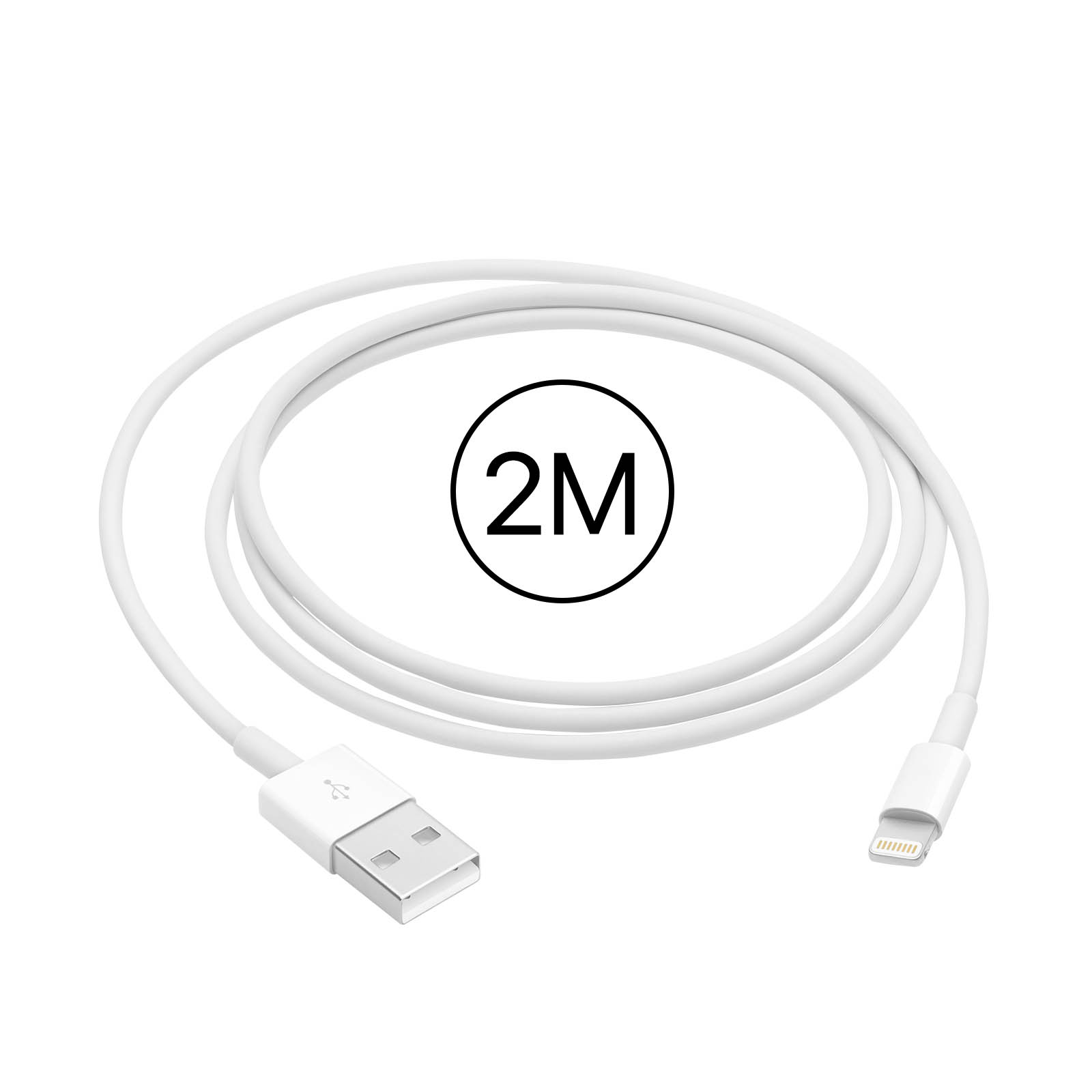 Biały kabel USB do Lightning, zwinięty, z nadrukiem 2M.