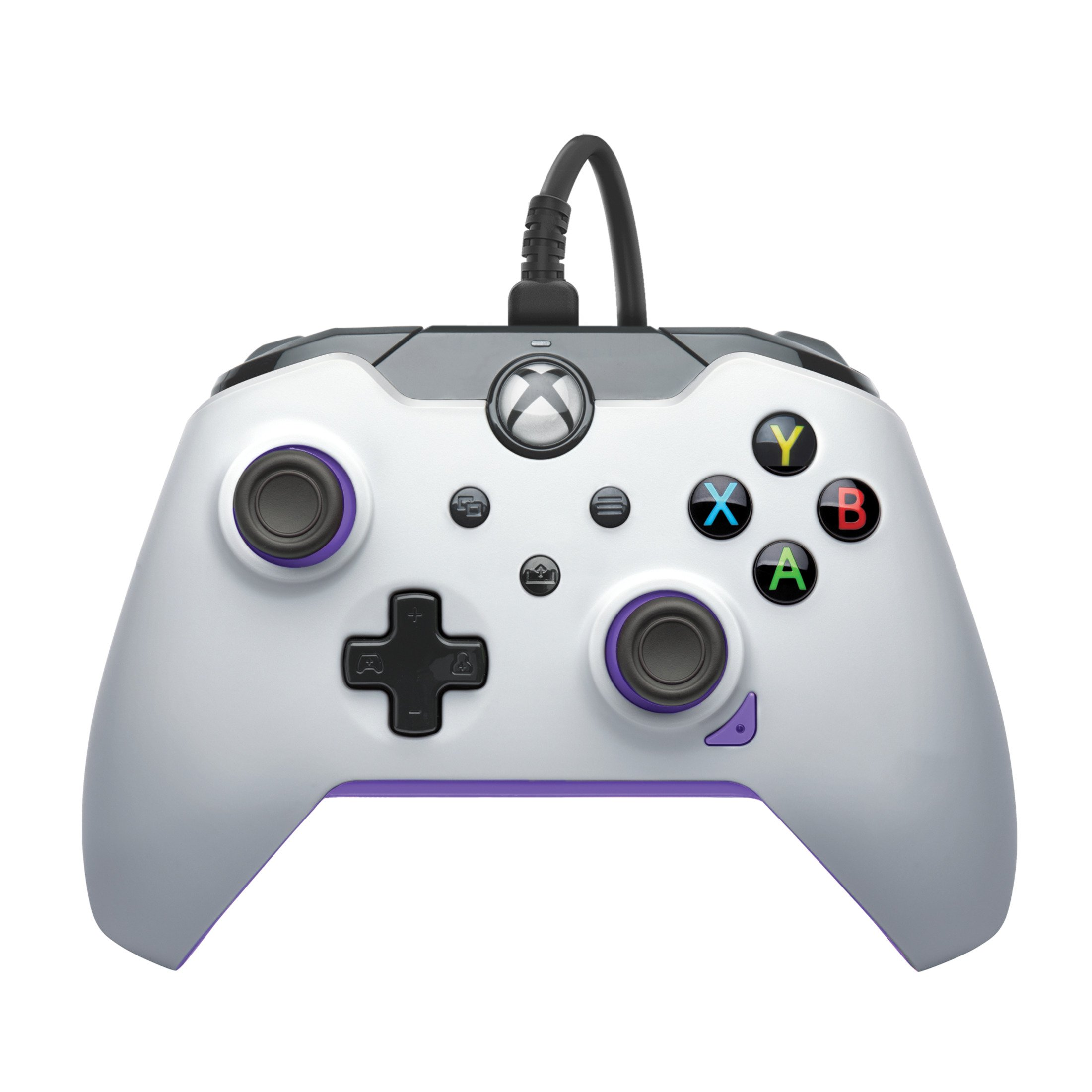 Manette Xbox blanche avec des accents violets. Elle possède des boutons et des joysticks.