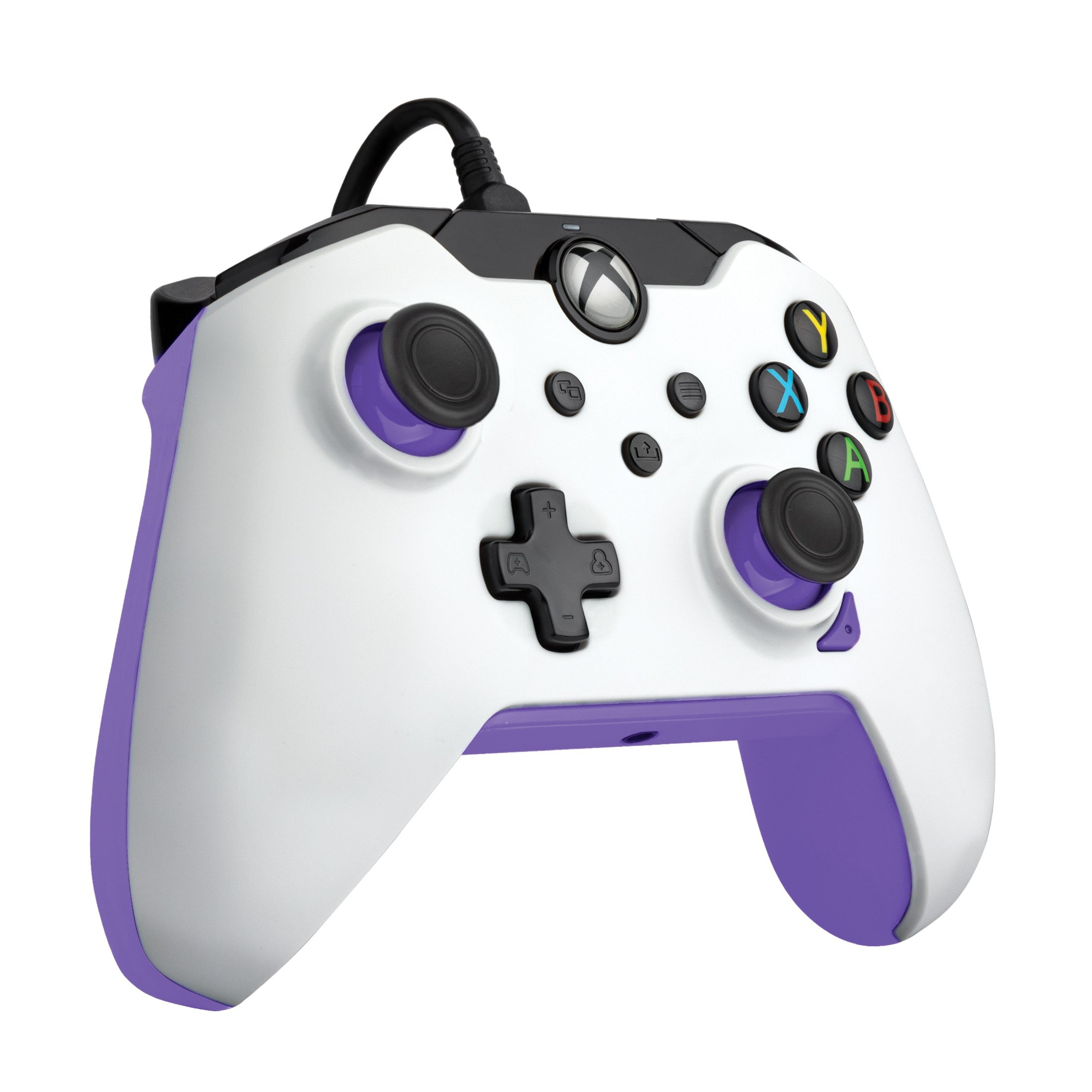 Une manette Xbox blanche et violette. Elle possède des boutons standard, des joysticks et un câble noir.