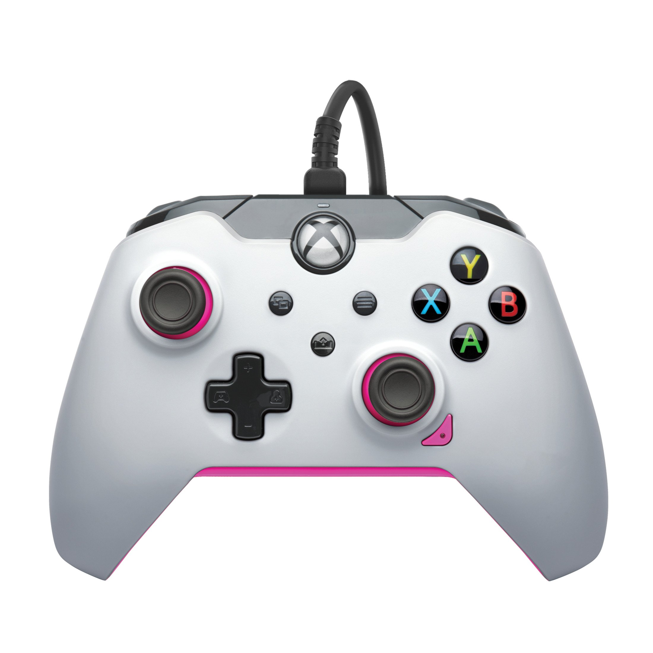 Biało-szary kontroler Xbox z różowymi akcentami i czarnym kablem.