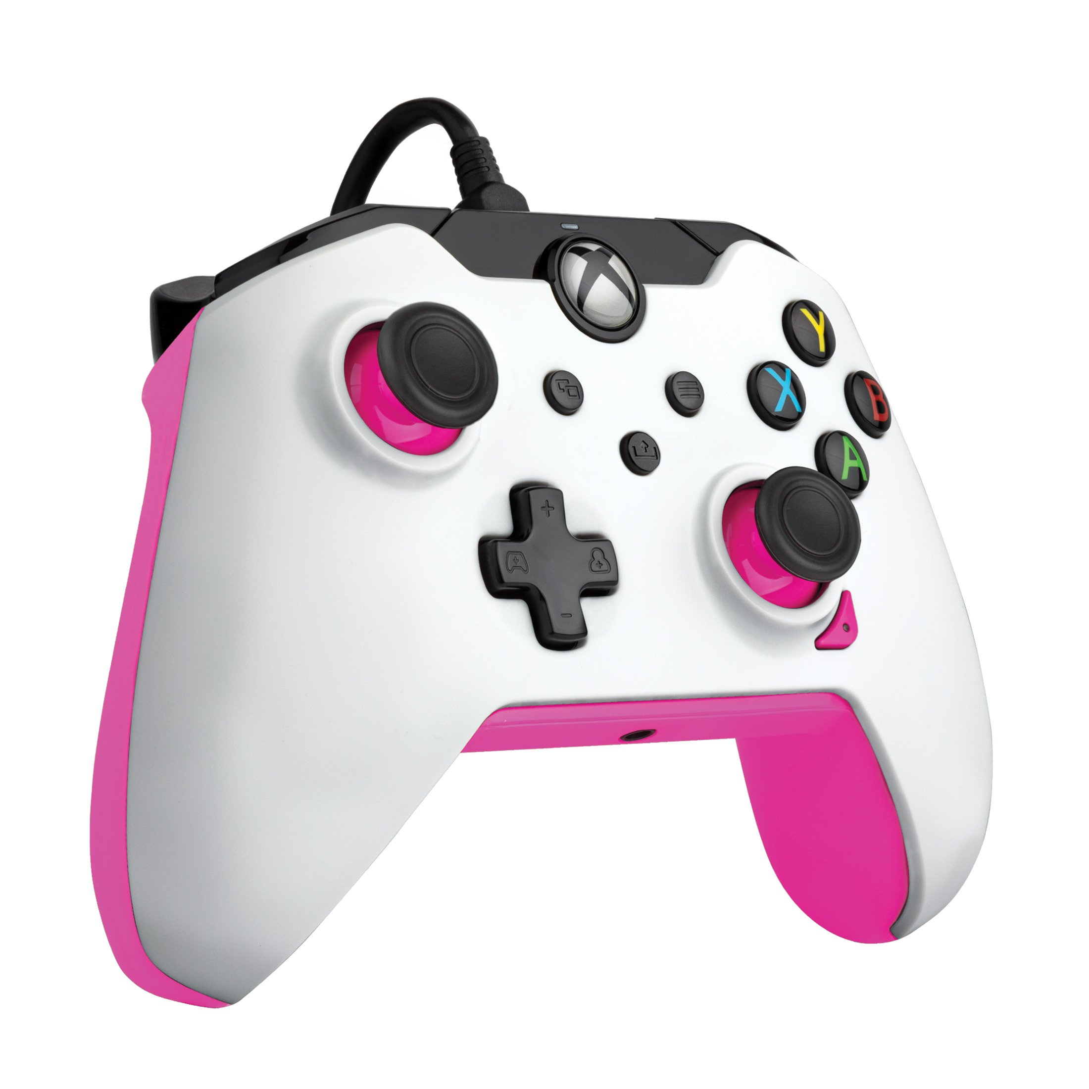 Biało-różowy kontroler Xbox. Przyciski czarne, żółte, zielone, niebieskie i krzyżak.
