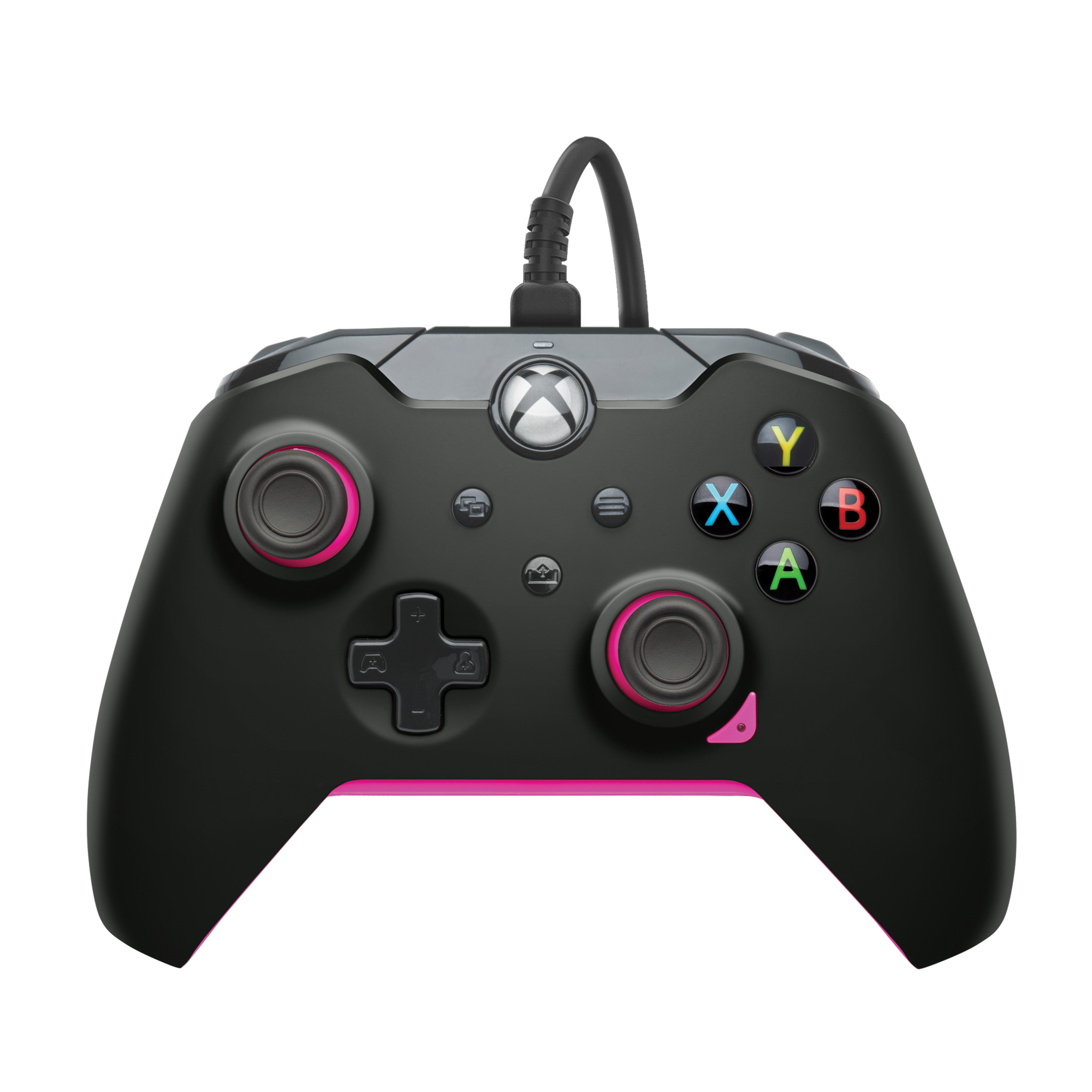 Manette noire avec des accents roses, des boutons et un câble connecté.