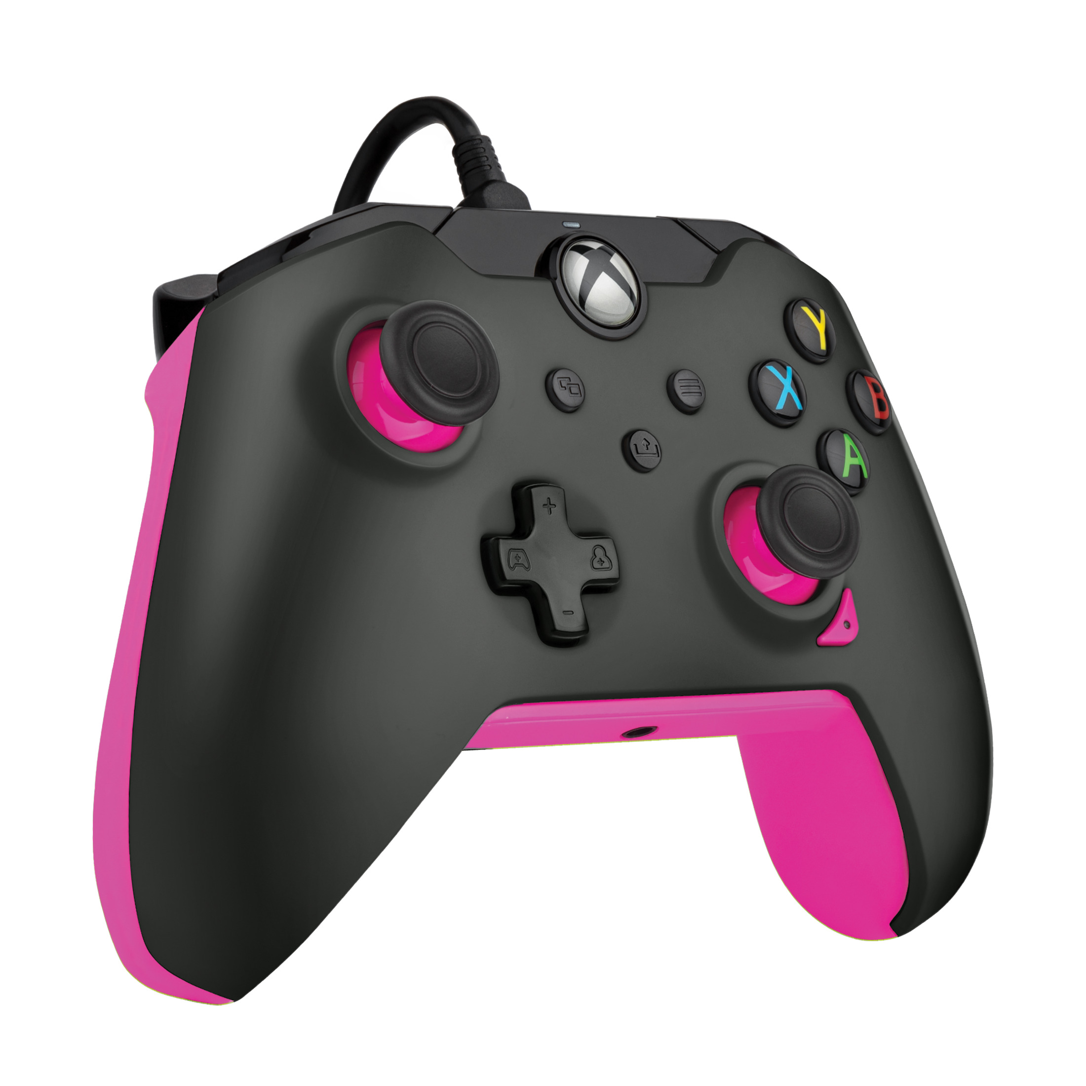 Manette Xbox noire et rose avec boutons et joystick. Câble noir.