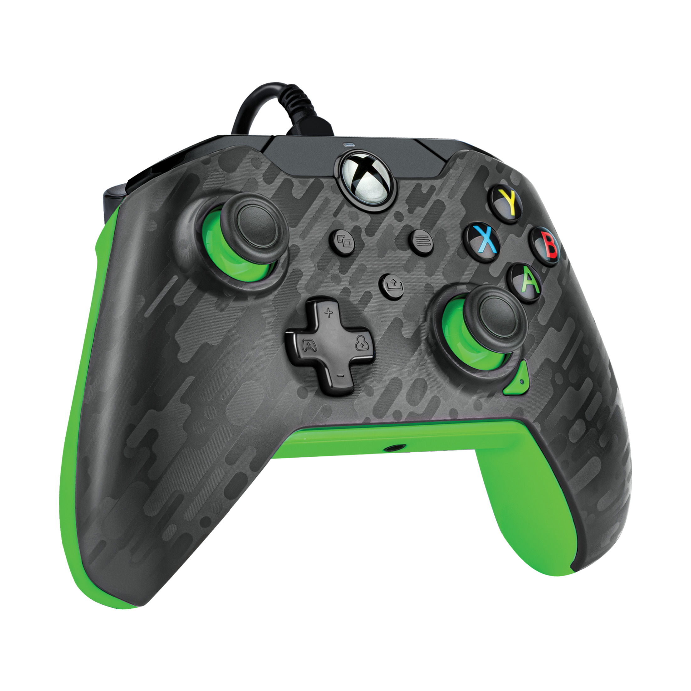 Controller Xbox con design nero e verde. I pulsanti sono colorati e i joystick sono verdi.