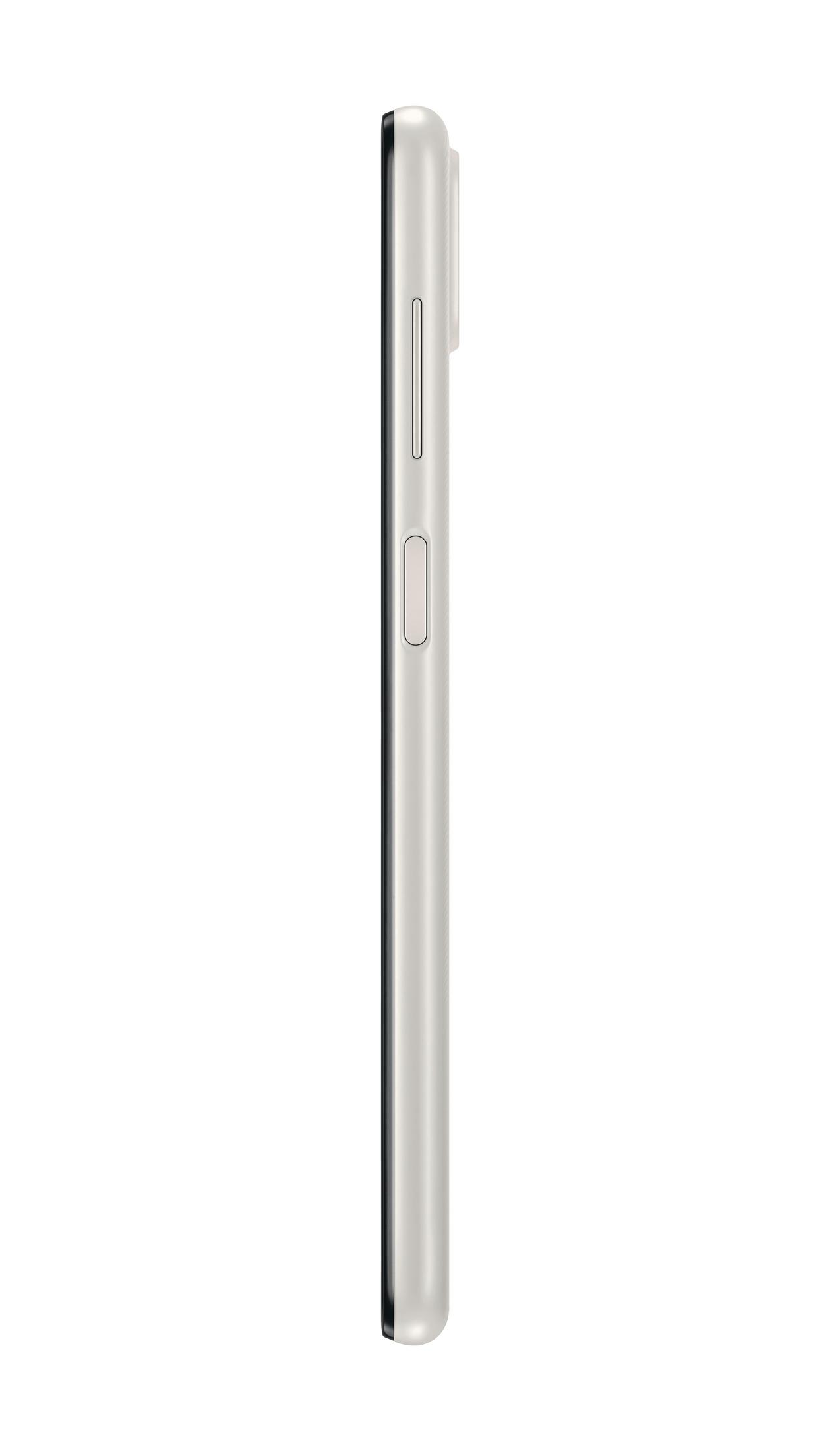 Zijaanzicht van een smartphone in verticale positie. Het is lichtgrijs.
