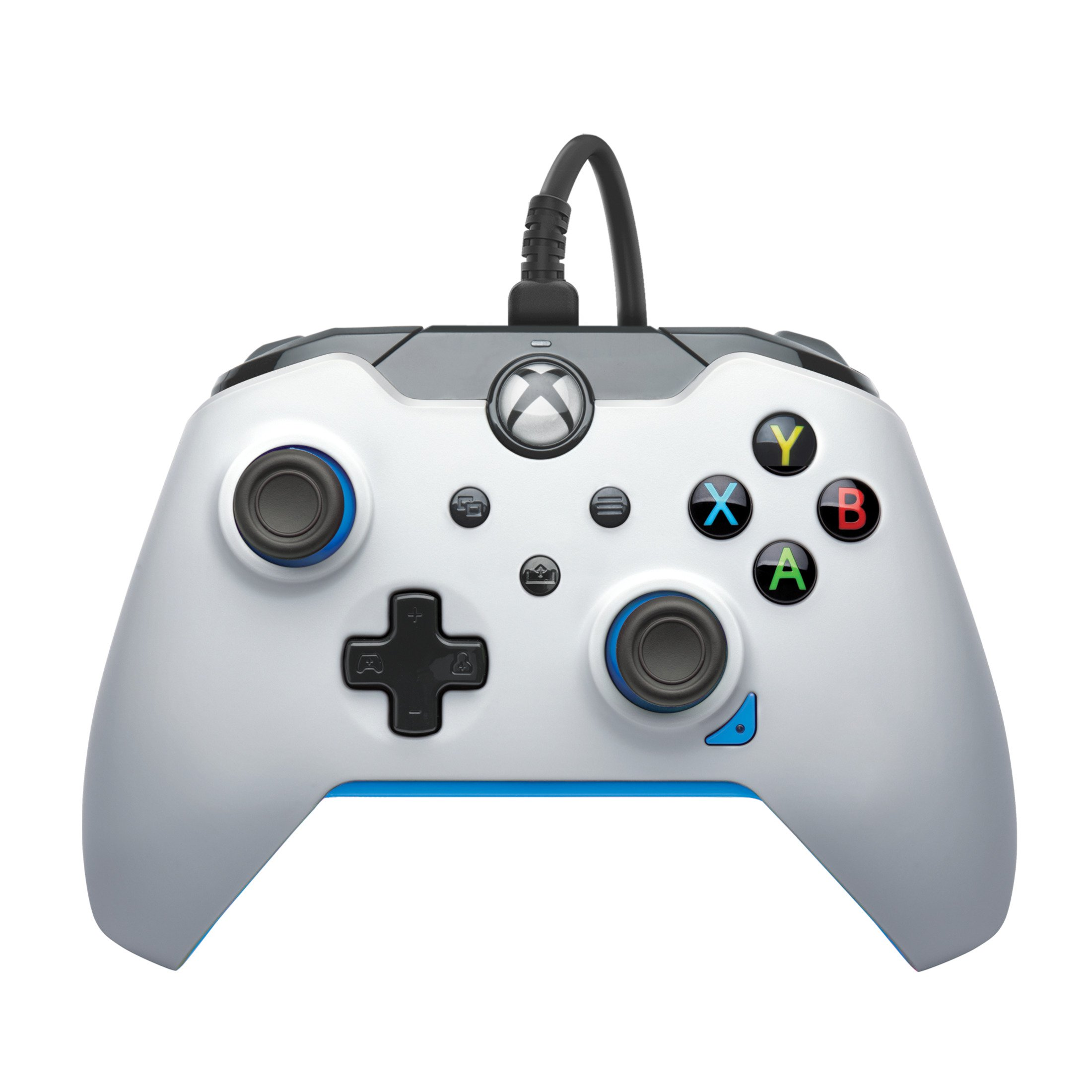 Biały kontroler Xbox z kolorowymi przyciskami i czarnym kablem.