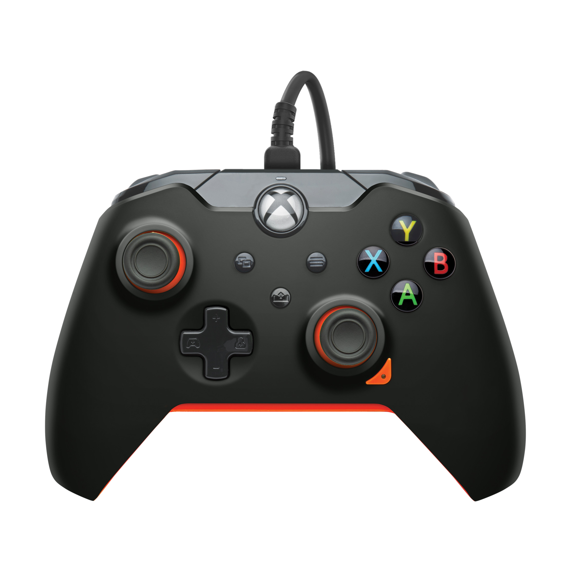 Czarny kontroler Xbox z kolorowymi przyciskami i czerwonym akcentem. Kontroler jest na białym tle.