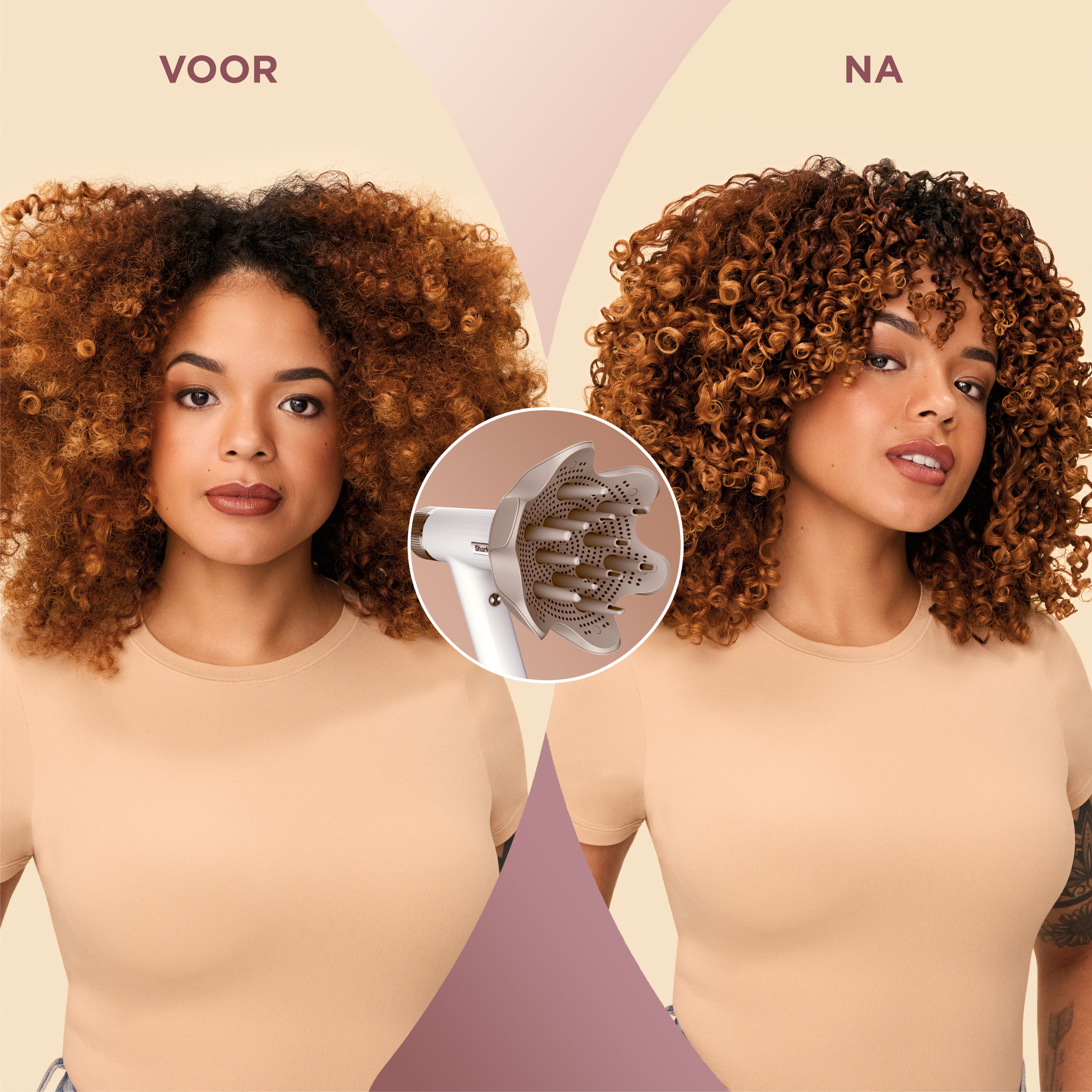 Porównanie przed/po kobiety z kręconymi włosami. Dyfuzor jest pośrodku.