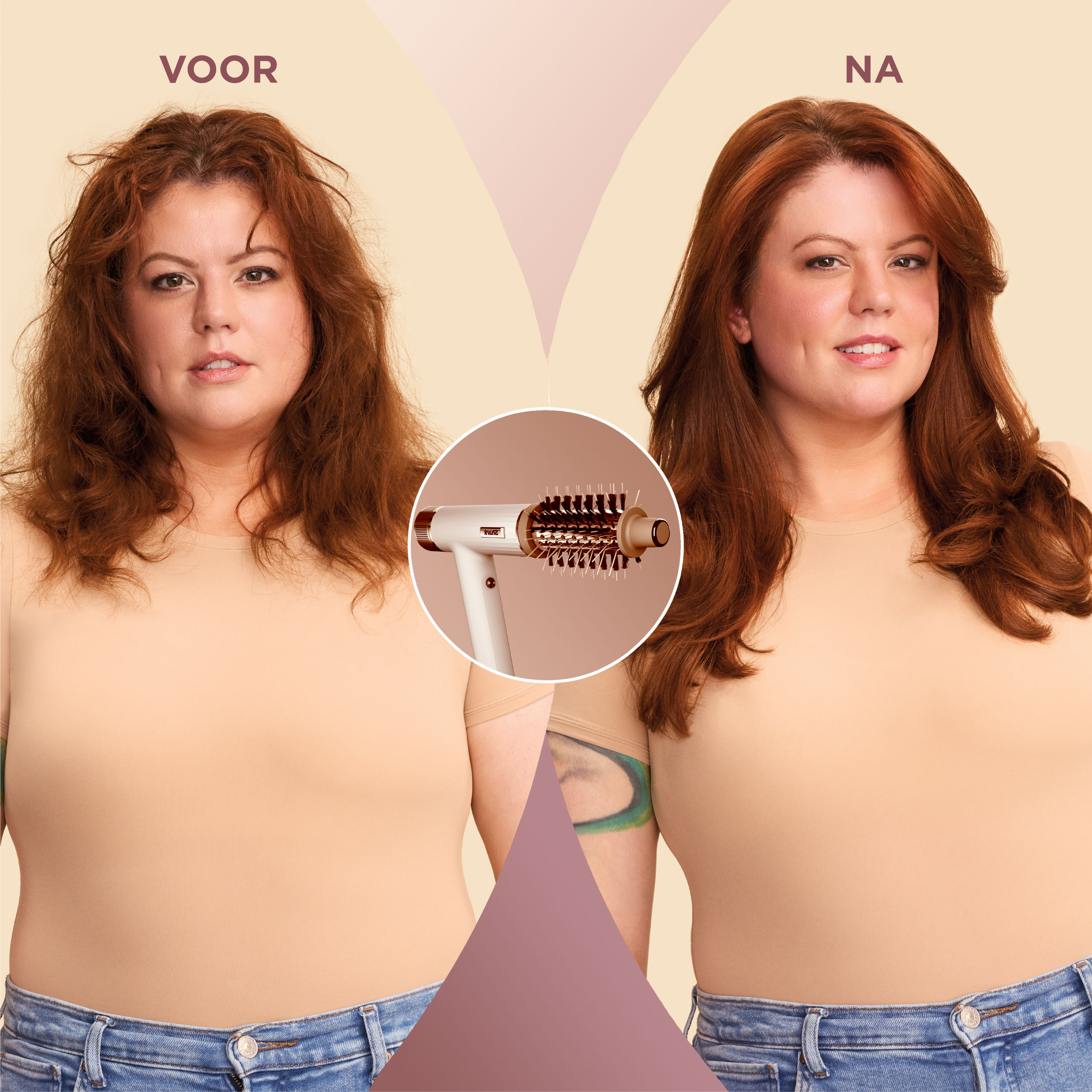 Obraz przedstawia stylizację włosów przed i po. Włosy kobiety są stylizowane za pomocą szczotki do kręcenia.
