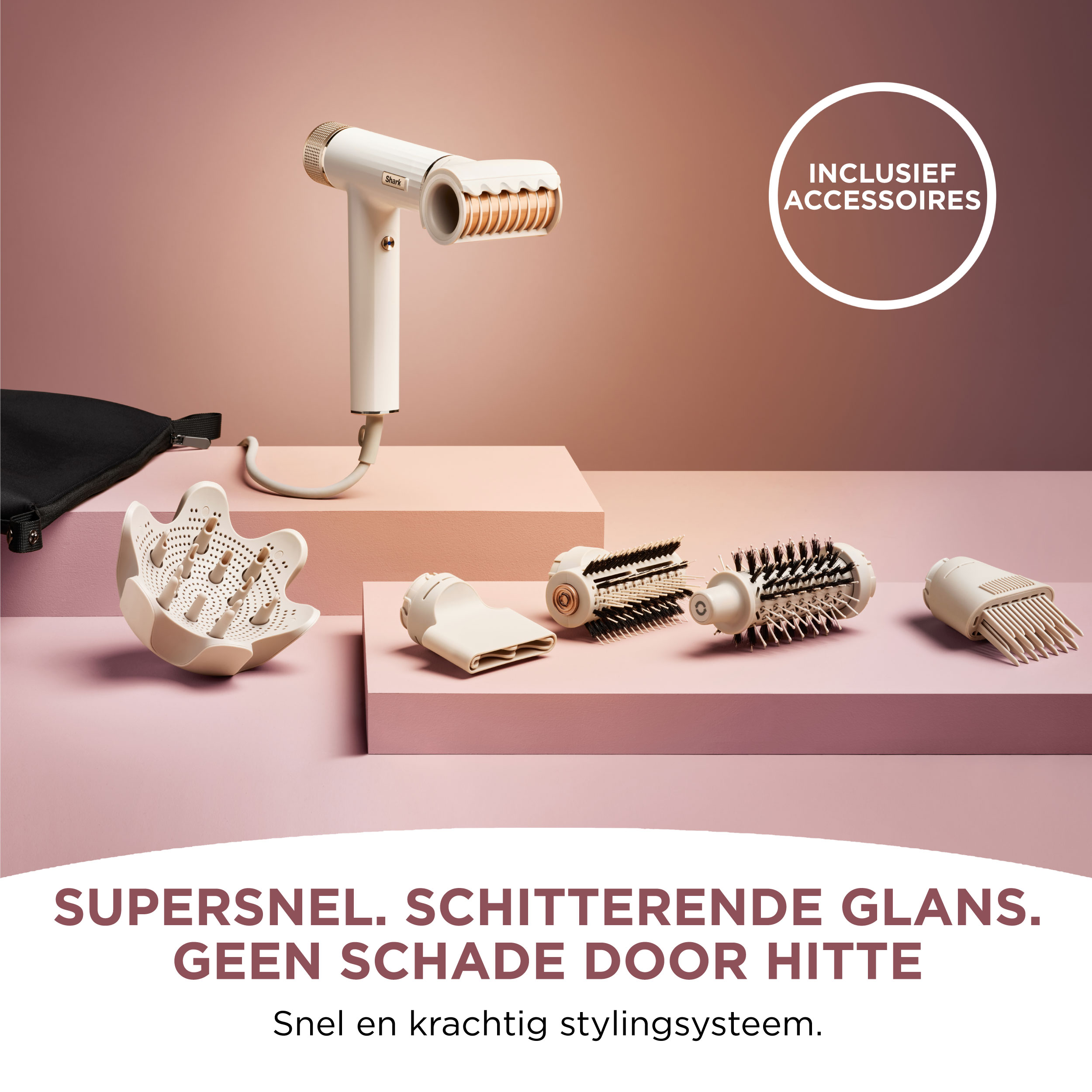 Hair dryer with attachments. Includes various styling tools.