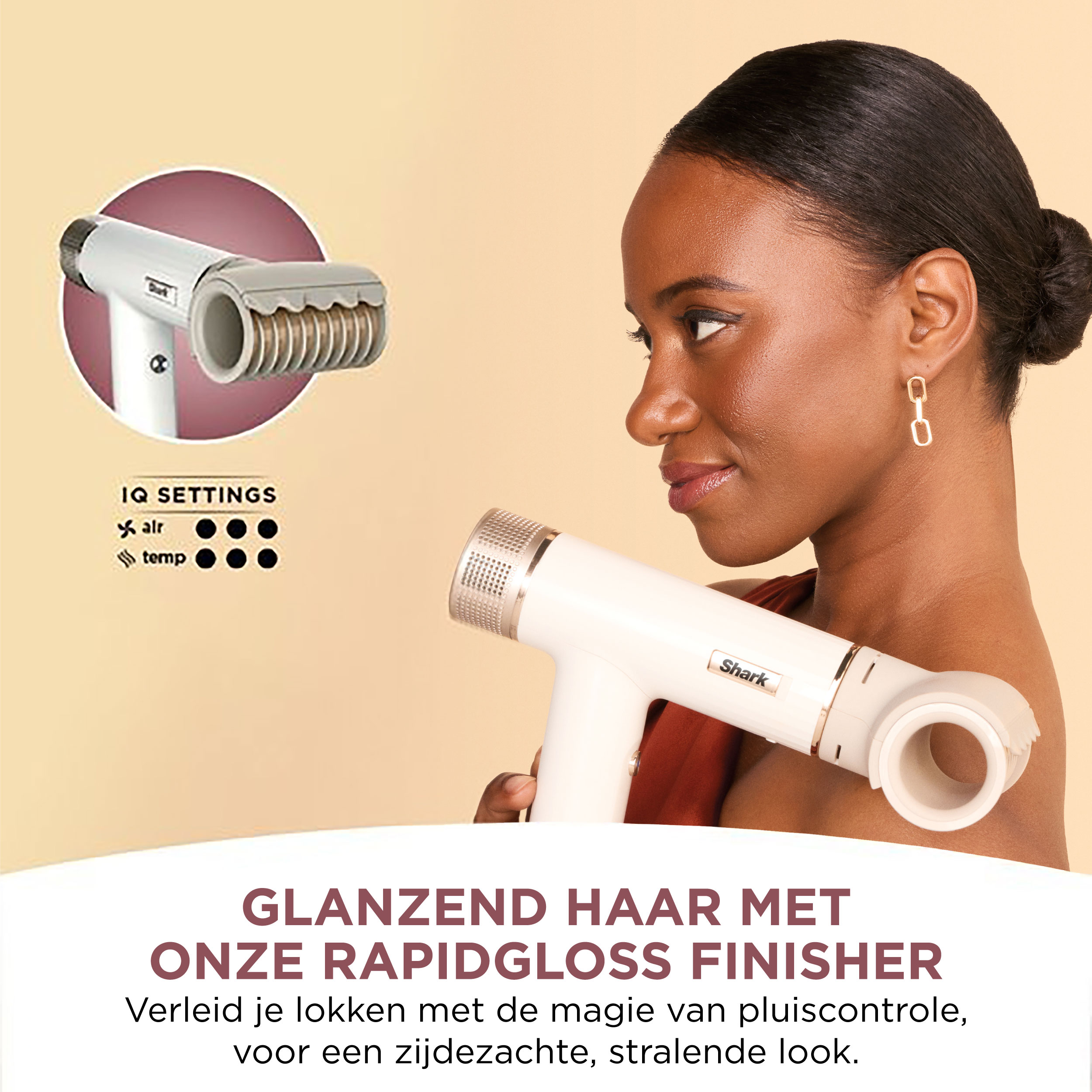 Kobieta z suszarką do włosów. Tekst w języku niderlandzkim i schemat suszarki.