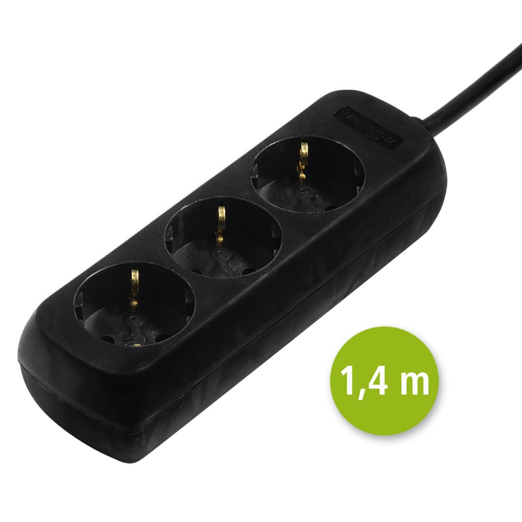 Eine schwarze Steckdosenleiste mit drei Steckdosen und einem grünen Kreis mit 1,4 m darauf.
