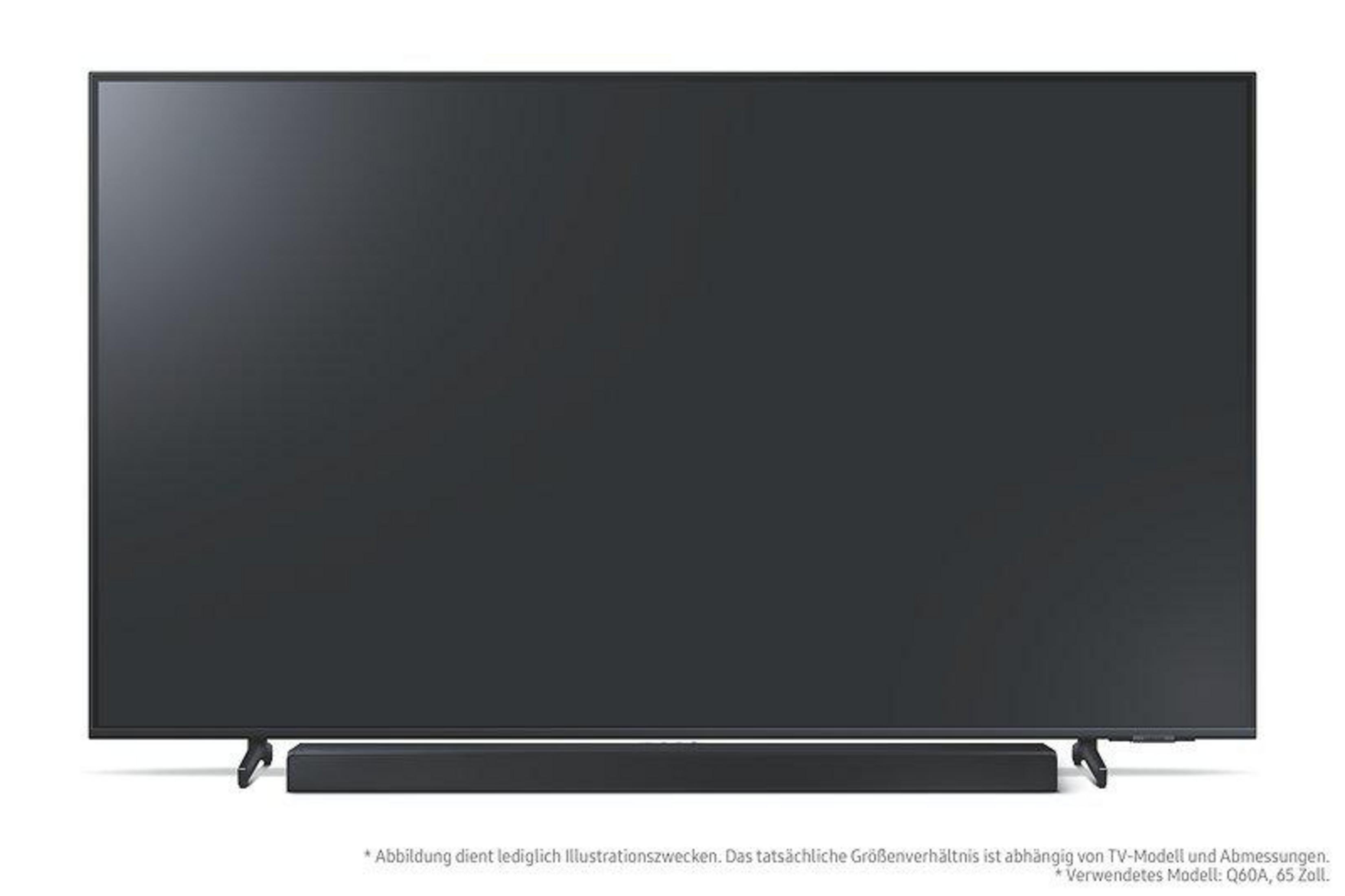 Großer, schwarzer Flachbildfernseher mit Soundbar darunter auf weißem Hintergrund.