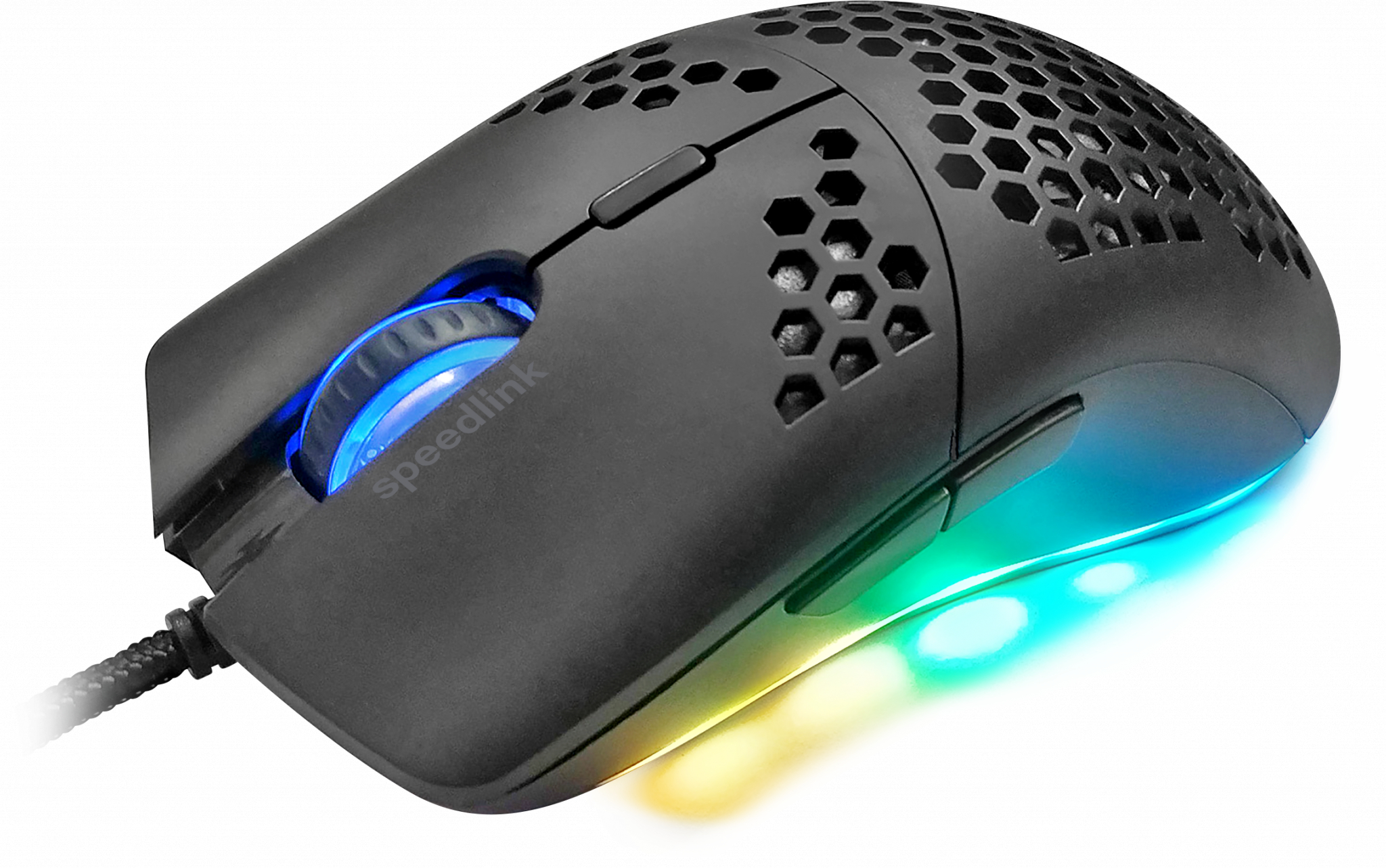 Schwarze Gaming-Maus mit Wabenmuster und leuchtendem Licht. Weißer Hintergrund.