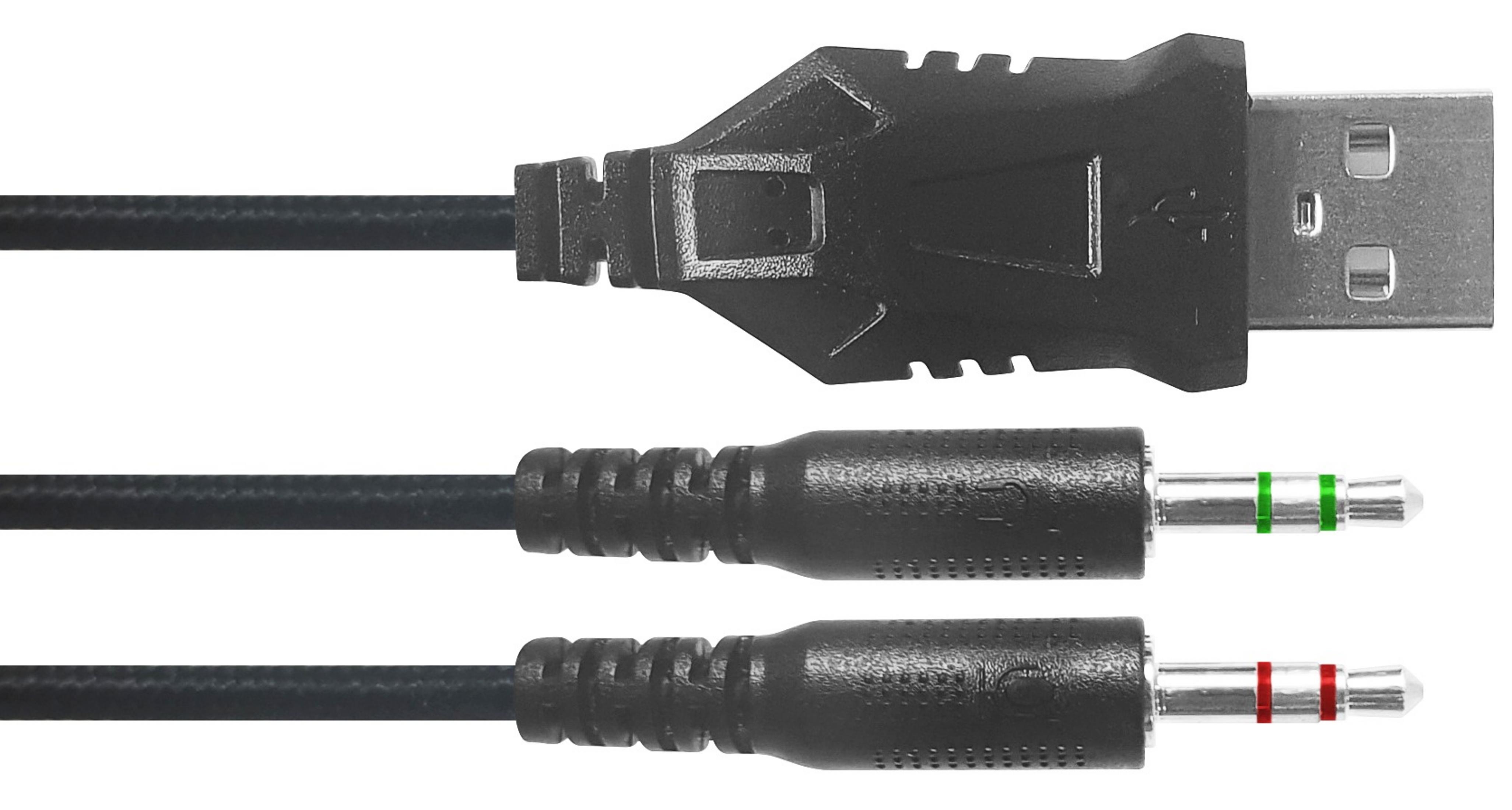 Cavo da USB ad audio nero con due jack da 3,5 mm, anelli verdi e rossi. Sfondo bianco.