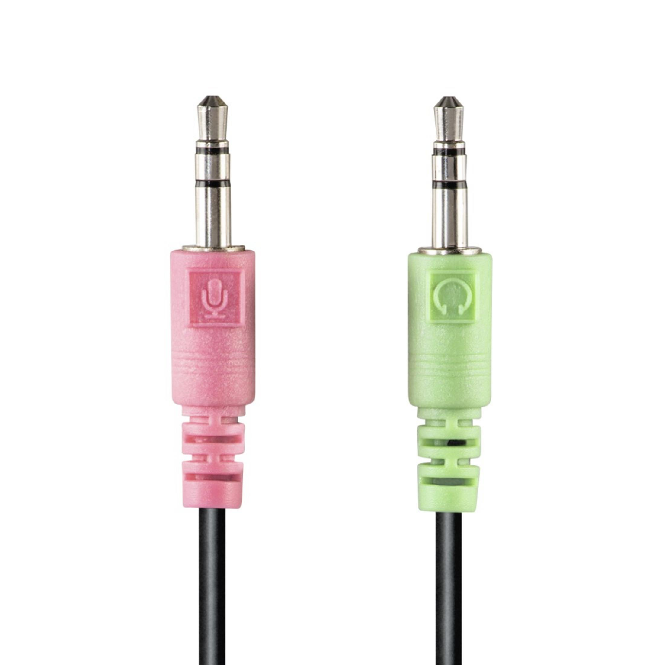 Różowe i zielone kable audio jack na białym tle.