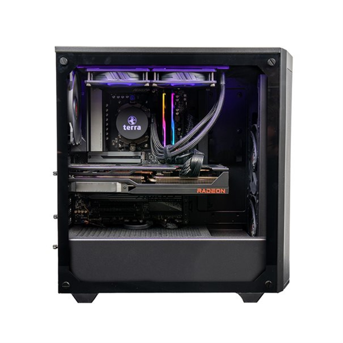 Czarna obudowa komputera z widocznymi komponentami, w tym kartą graficzną i wentylatorami.