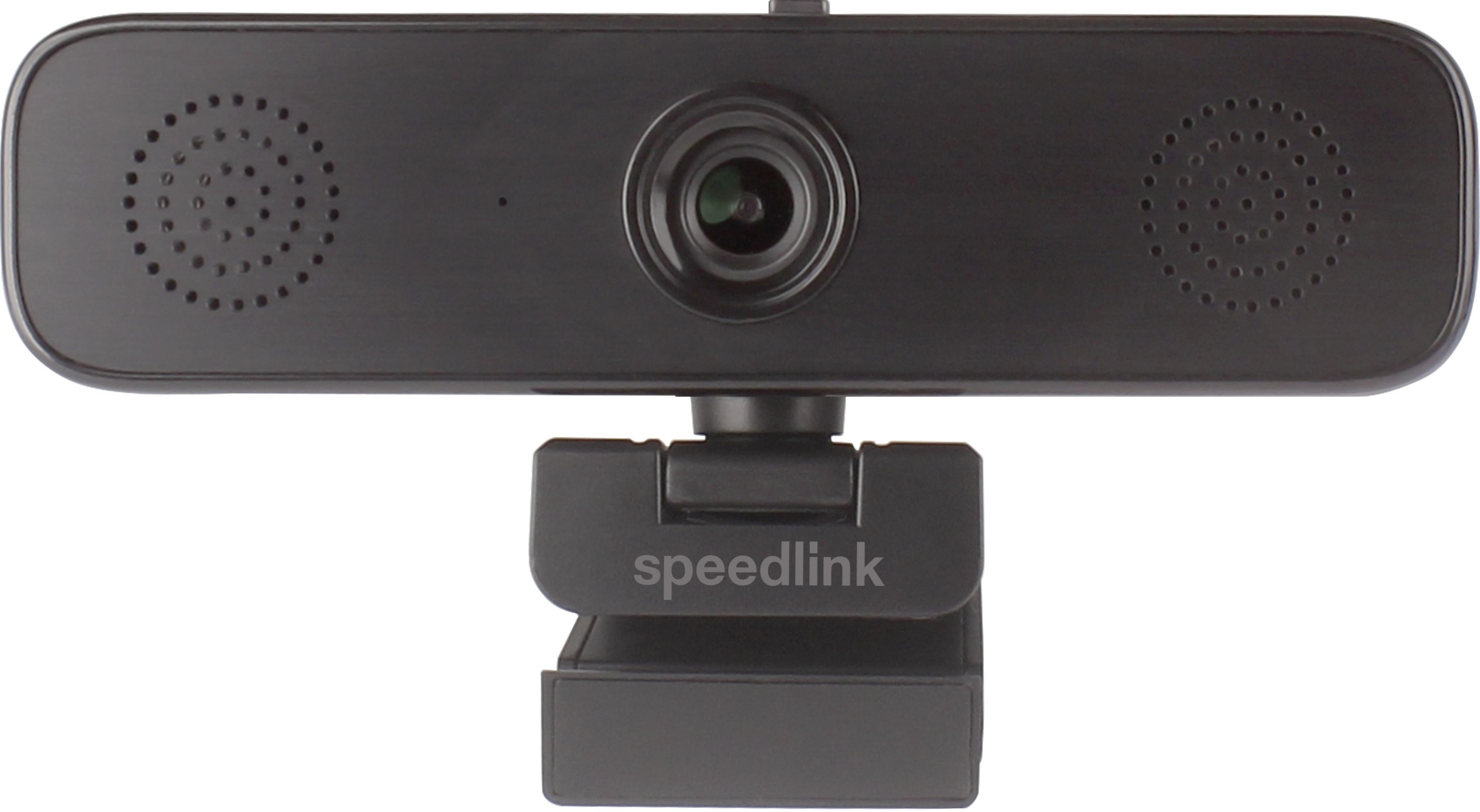 Schwarze Speedlink-Webcam, zentriert. Mit zwei Lautsprechern, Objektiv und Halterung.
