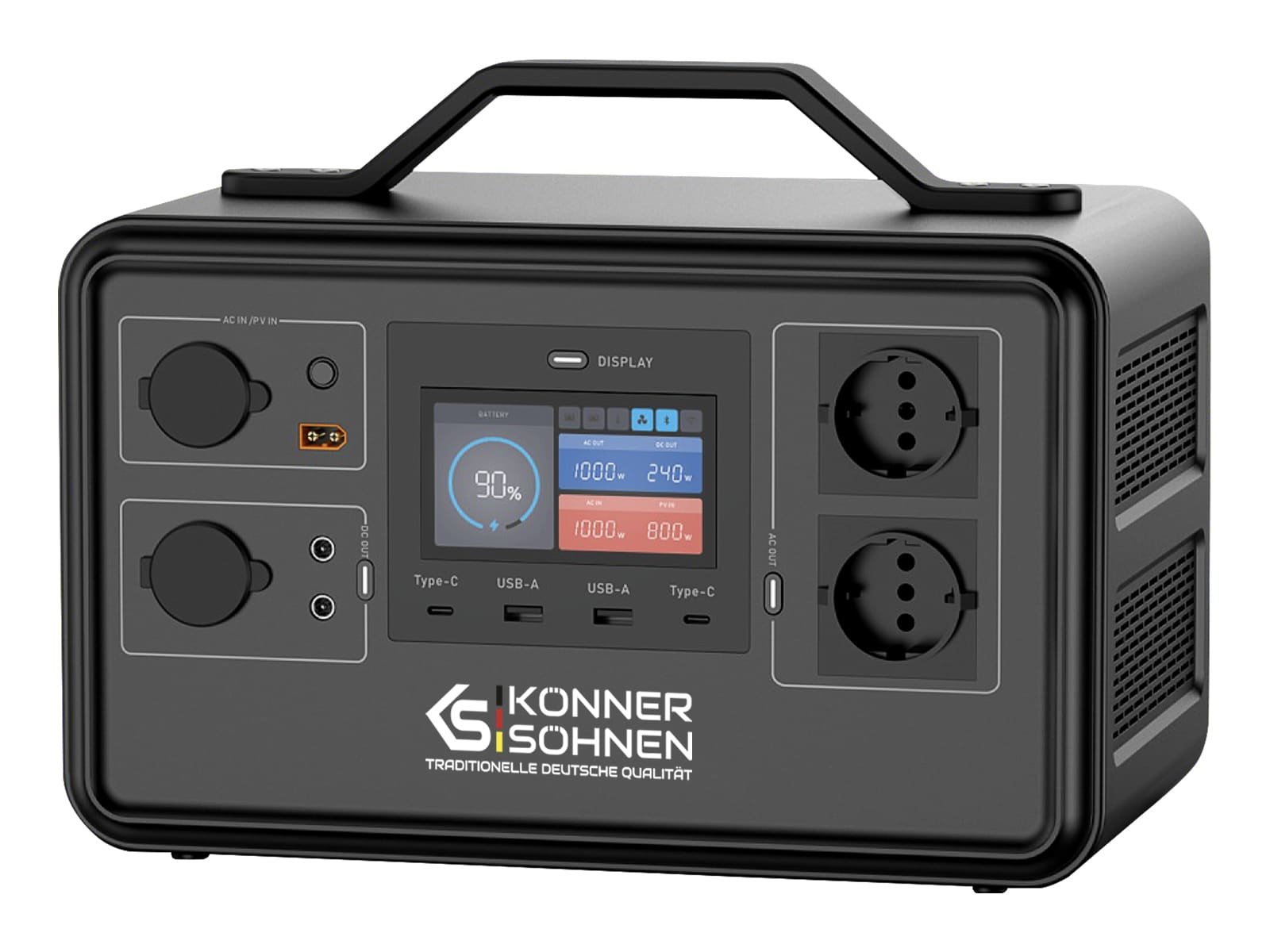 Czarna elektrownia z uchwytem, wyświetlaczem i różnymi portami wejścia/wyjścia.