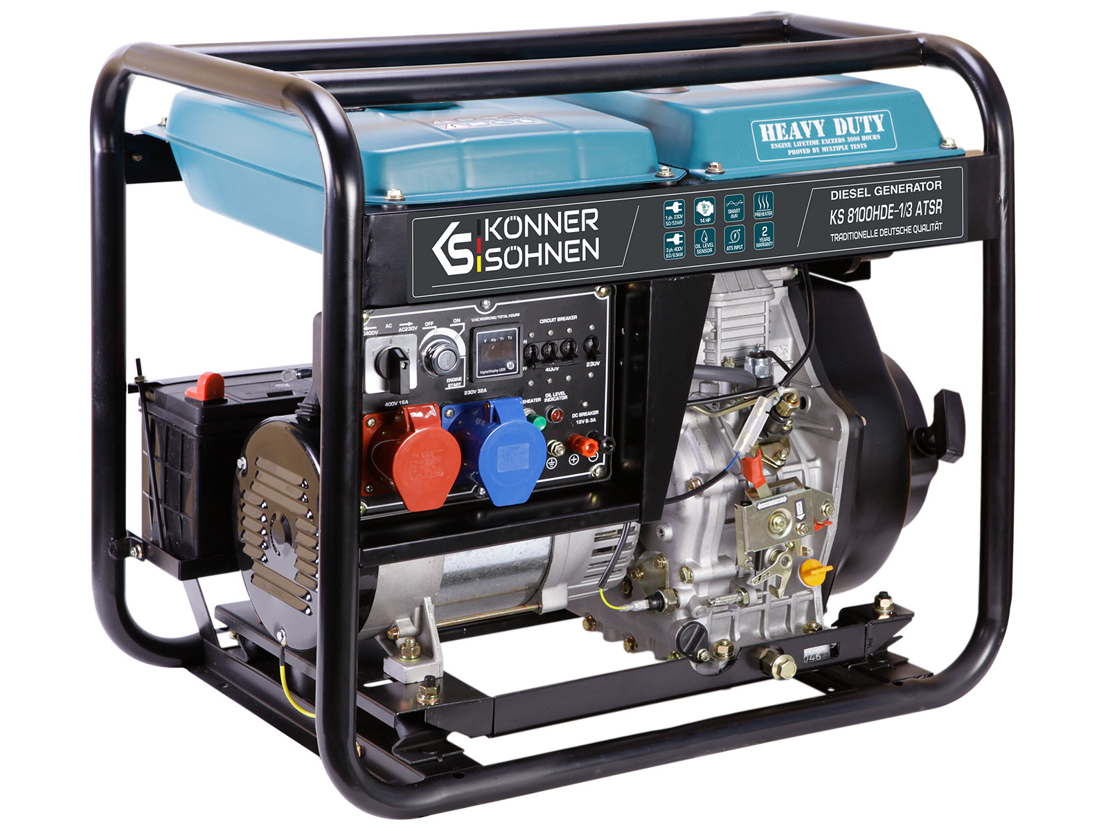 Generator z czarną ramą, niebieskim i czarnym blatem. Posiada różne porty i szczegółowy silnik.